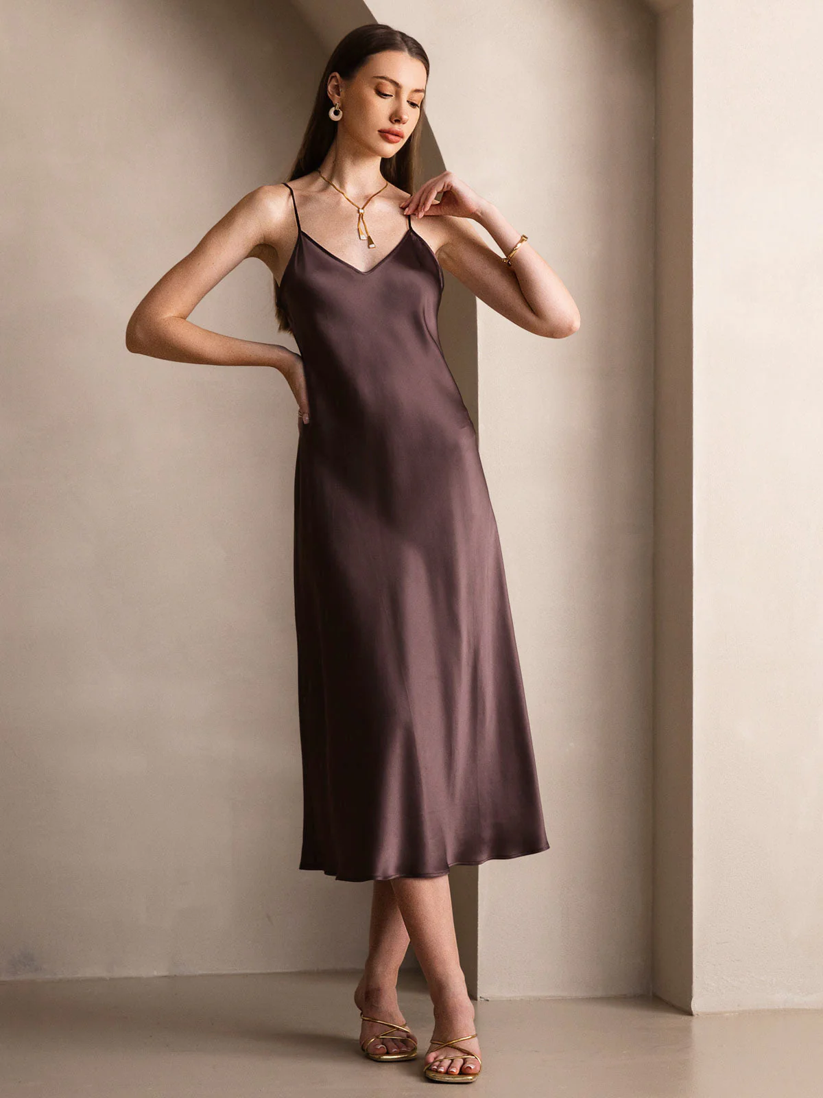 100% Mulberry Silk Spaghetti Strap V Neck Midi Dress - Image 44