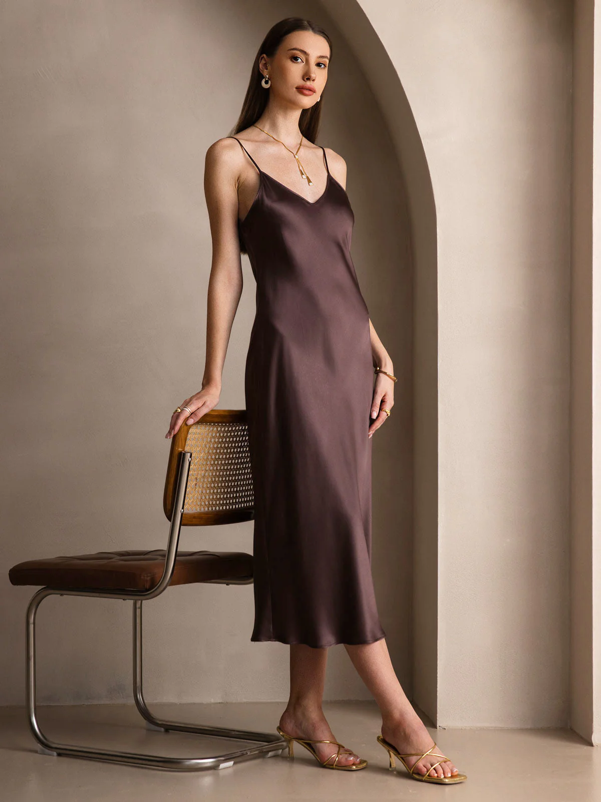 100% Mulberry Silk Spaghetti Strap V Neck Midi Dress - Image 45