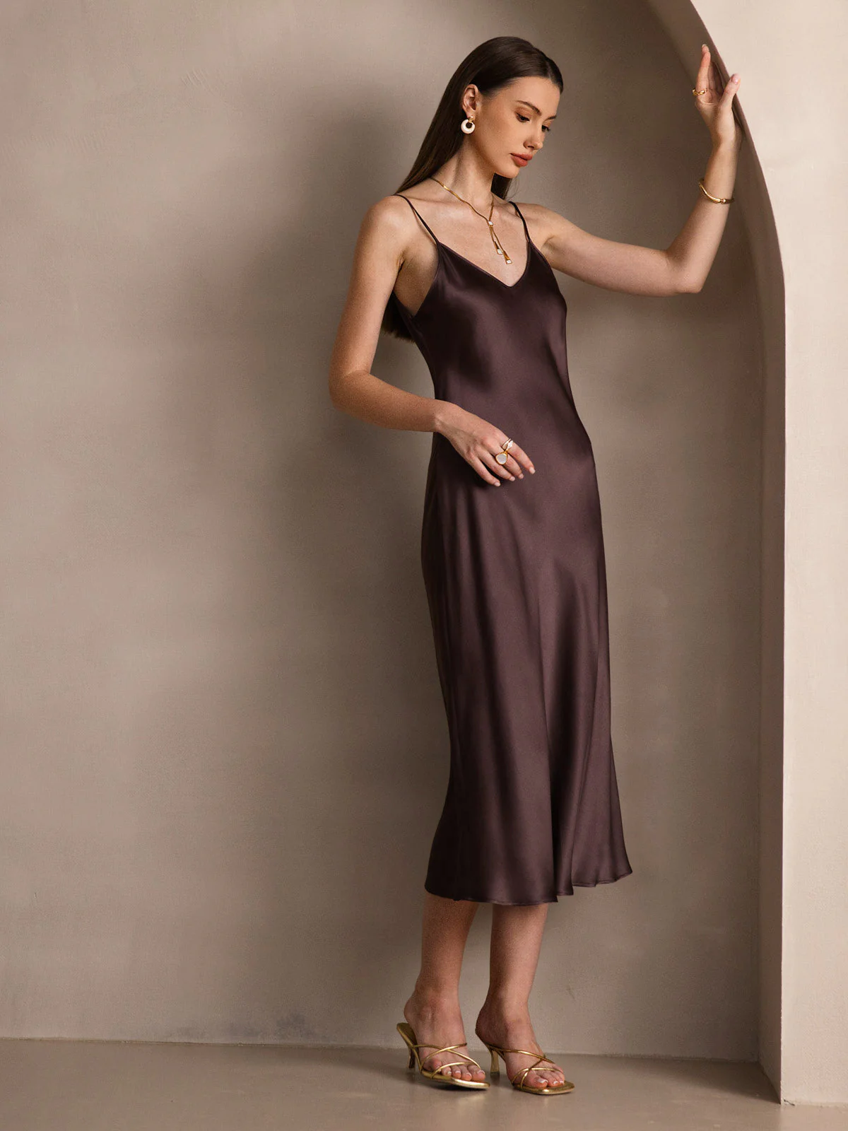 100% Mulberry Silk Spaghetti Strap V Neck Midi Dress - Image 46