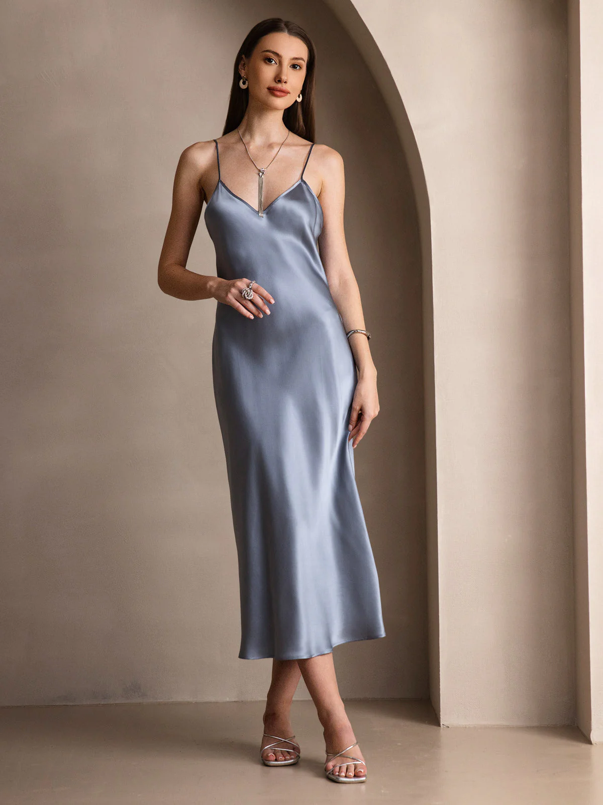 100% Mulberry Silk Spaghetti Strap V Neck Midi Dress - Image 50