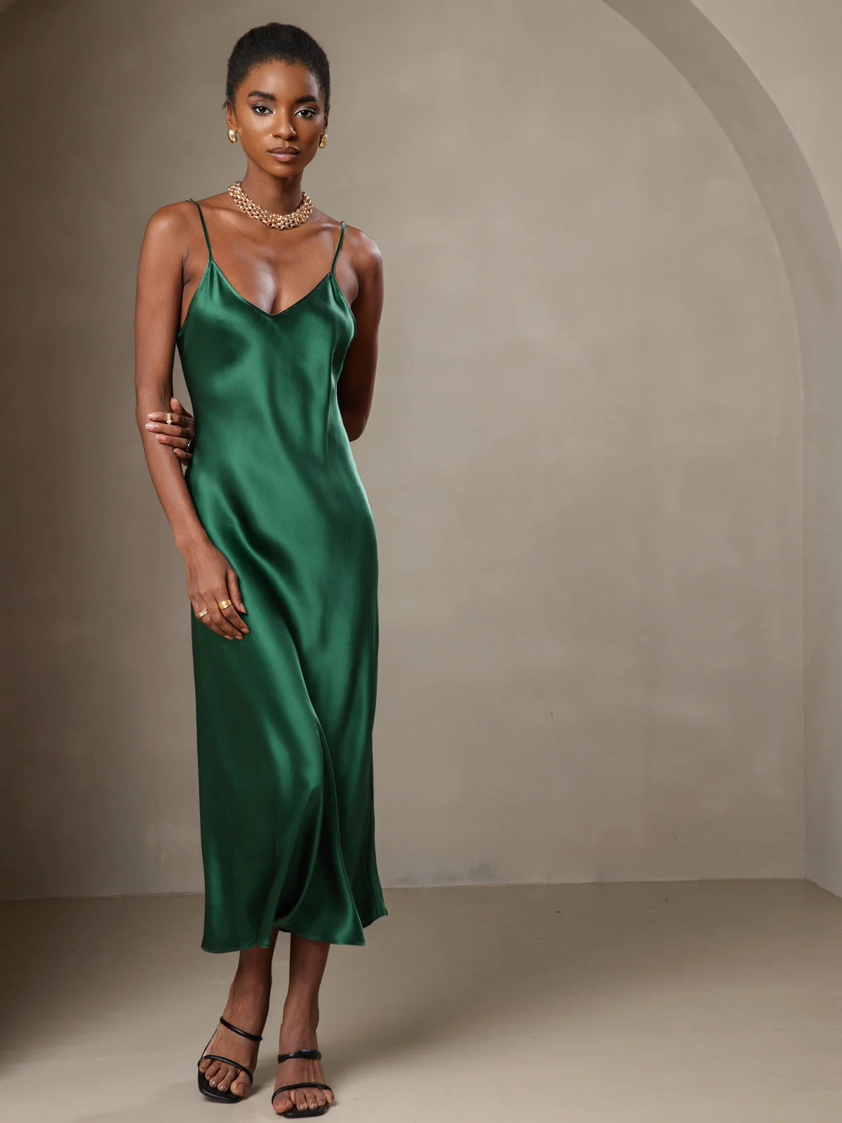 100% Mulberry Silk Spaghetti Strap V Neck Midi Dress - Image 53