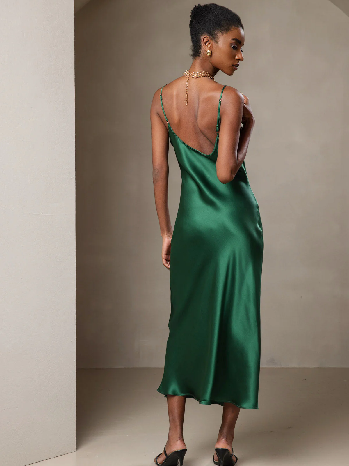 100% Mulberry Silk Spaghetti Strap V Neck Midi Dress - Image 54