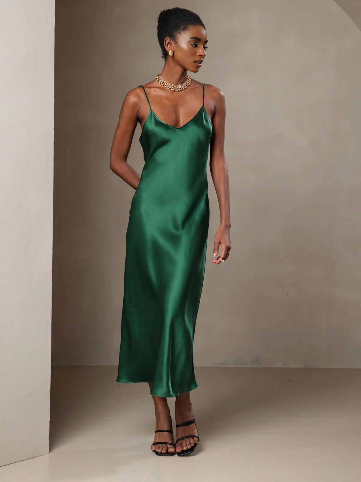 100% Mulberry Silk Spaghetti Strap V Neck Midi Dress - Image 57