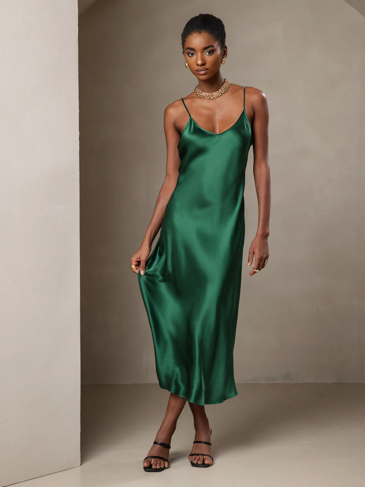 100% Mulberry Silk Spaghetti Strap V Neck Midi Dress - Image 58