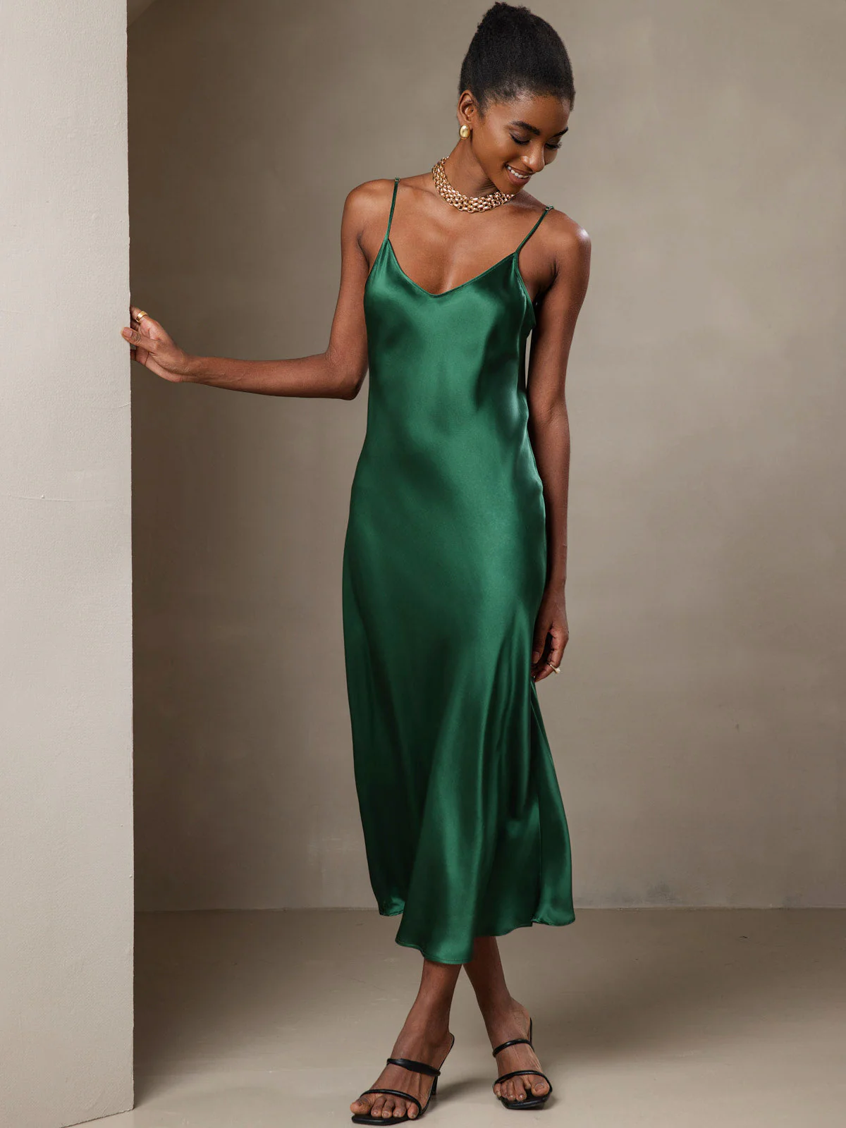100% Mulberry Silk Spaghetti Strap V Neck Midi Dress - Image 59