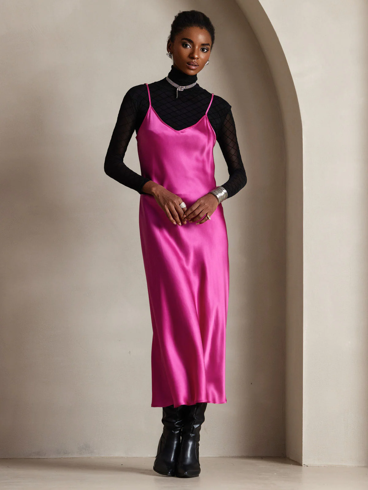 100% Mulberry Silk Spaghetti Strap V Neck Midi Dress - Image 60
