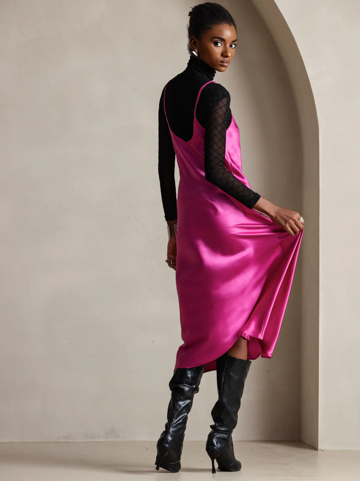 100% Mulberry Silk Spaghetti Strap V Neck Midi Dress - Image 61