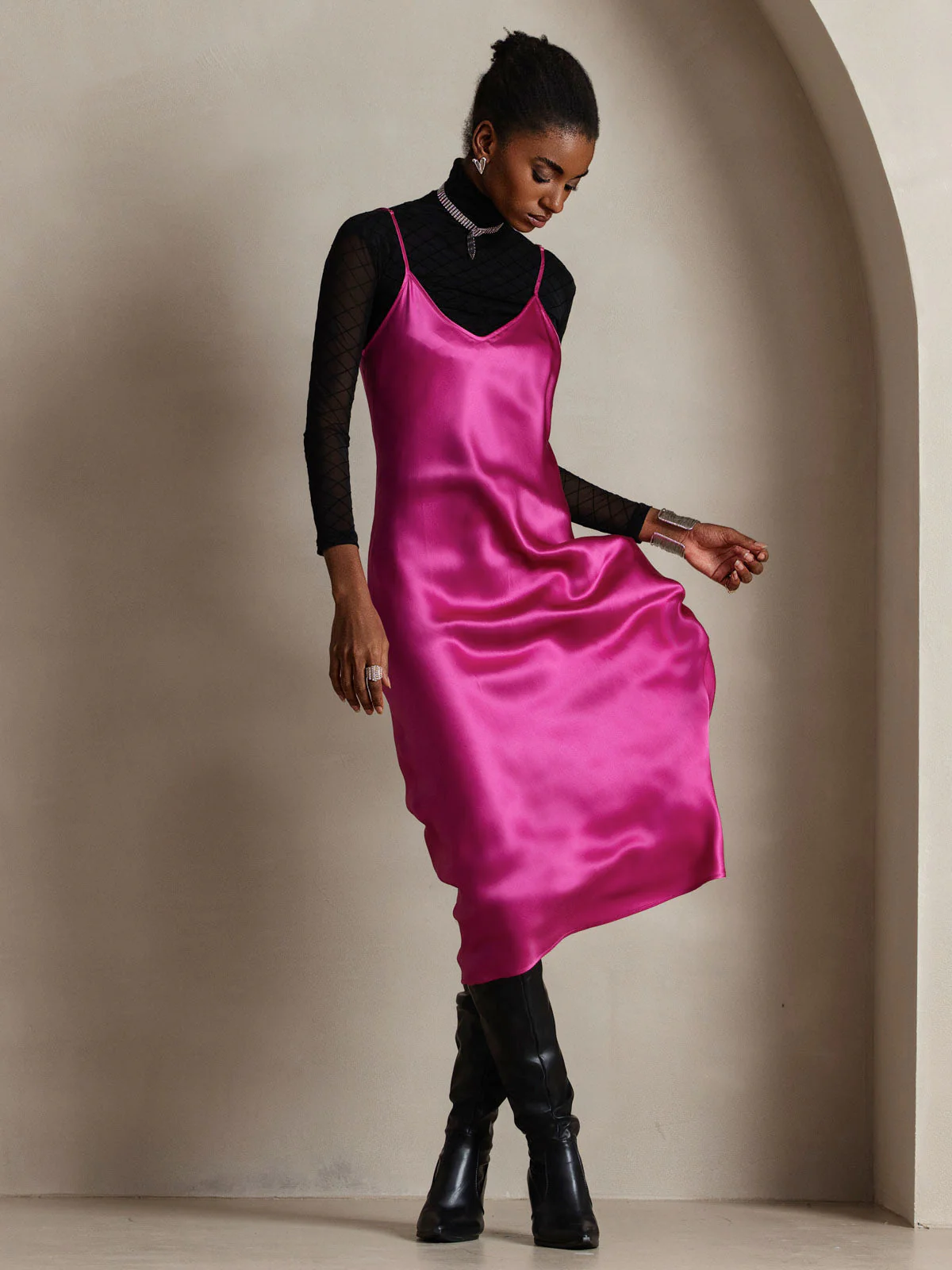 100% Mulberry Silk Spaghetti Strap V Neck Midi Dress - Image 63