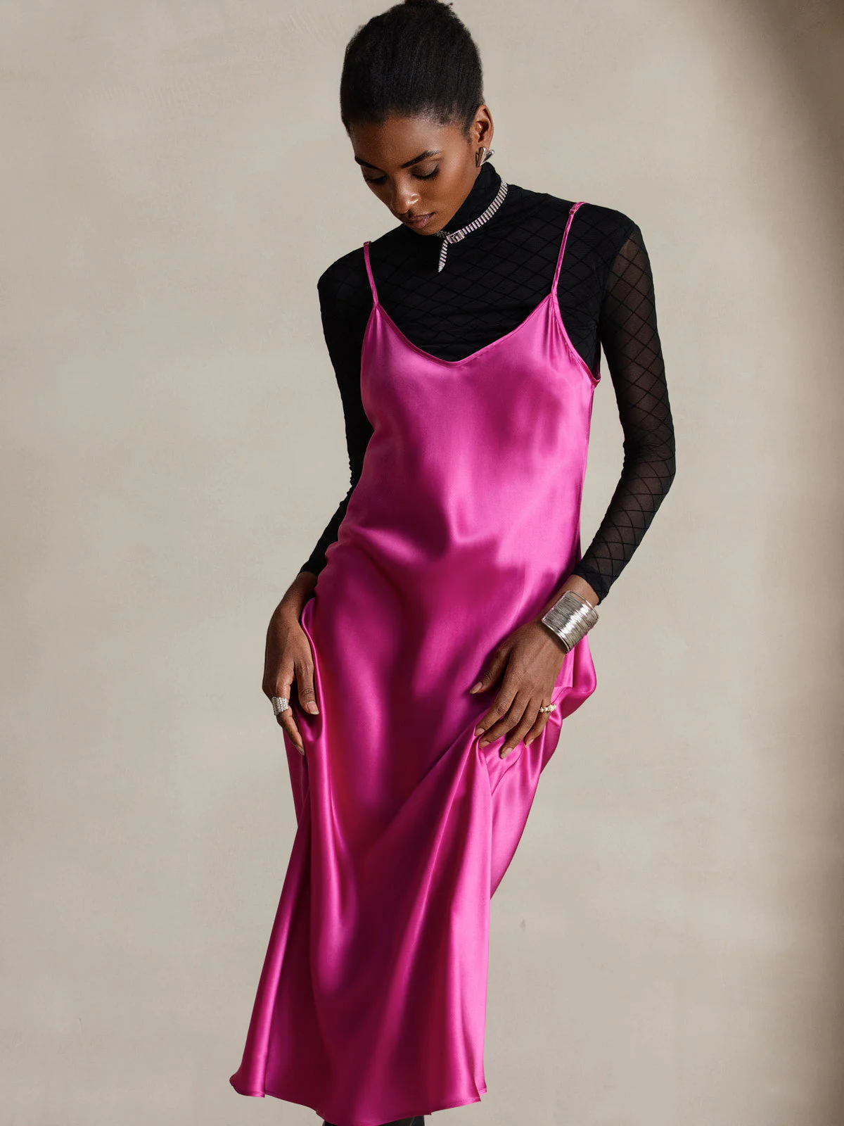 100% Mulberry Silk Spaghetti Strap V Neck Midi Dress - Image 64