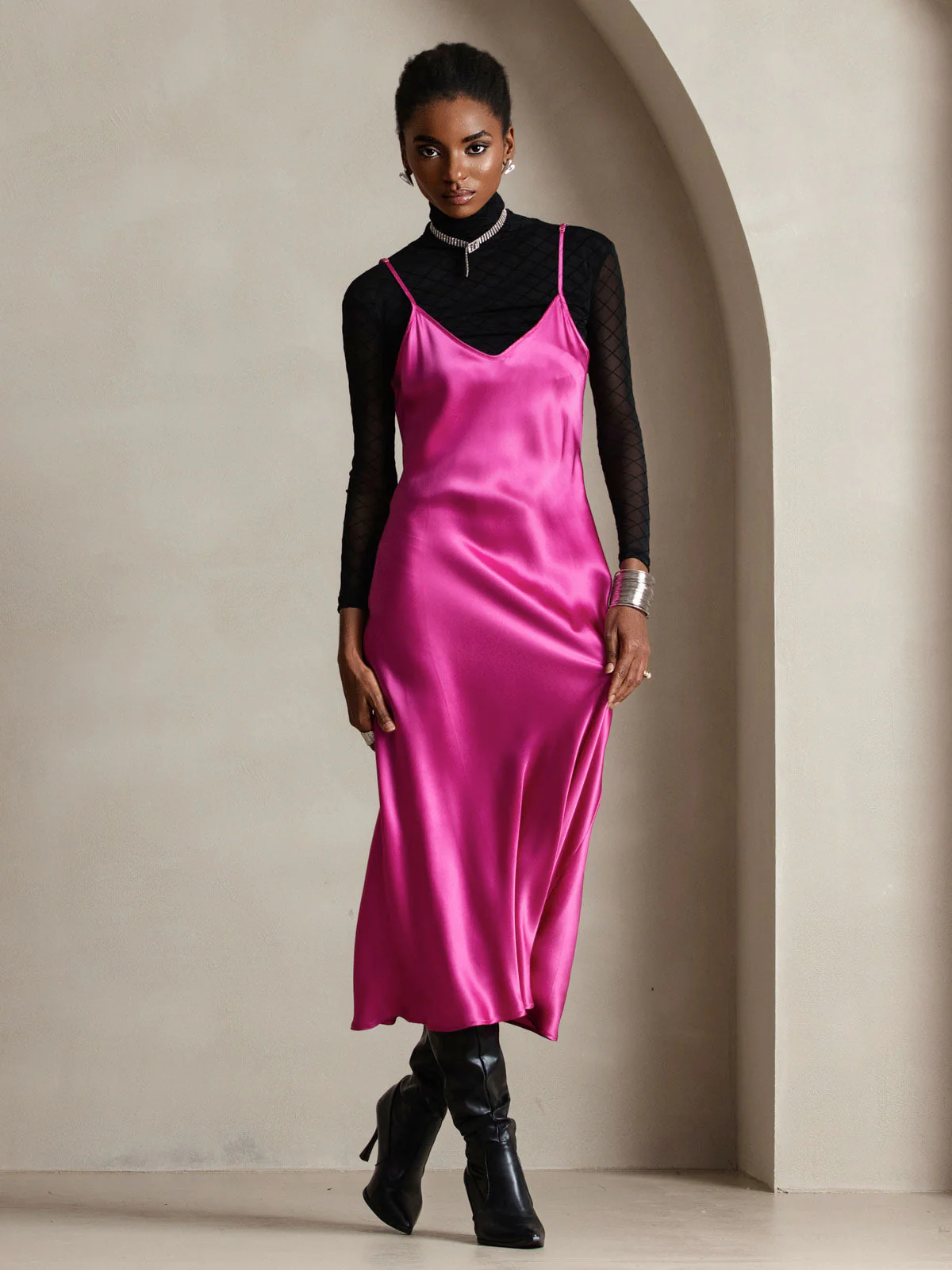 100% Mulberry Silk Spaghetti Strap V Neck Midi Dress - Image 65