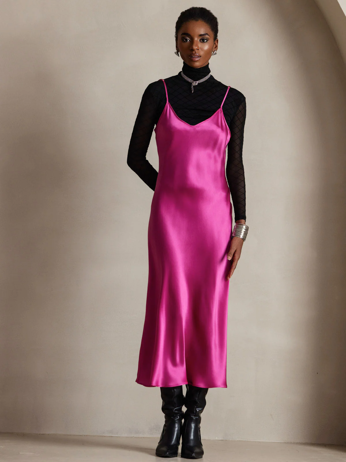 100% Mulberry Silk Spaghetti Strap V Neck Midi Dress - Image 66