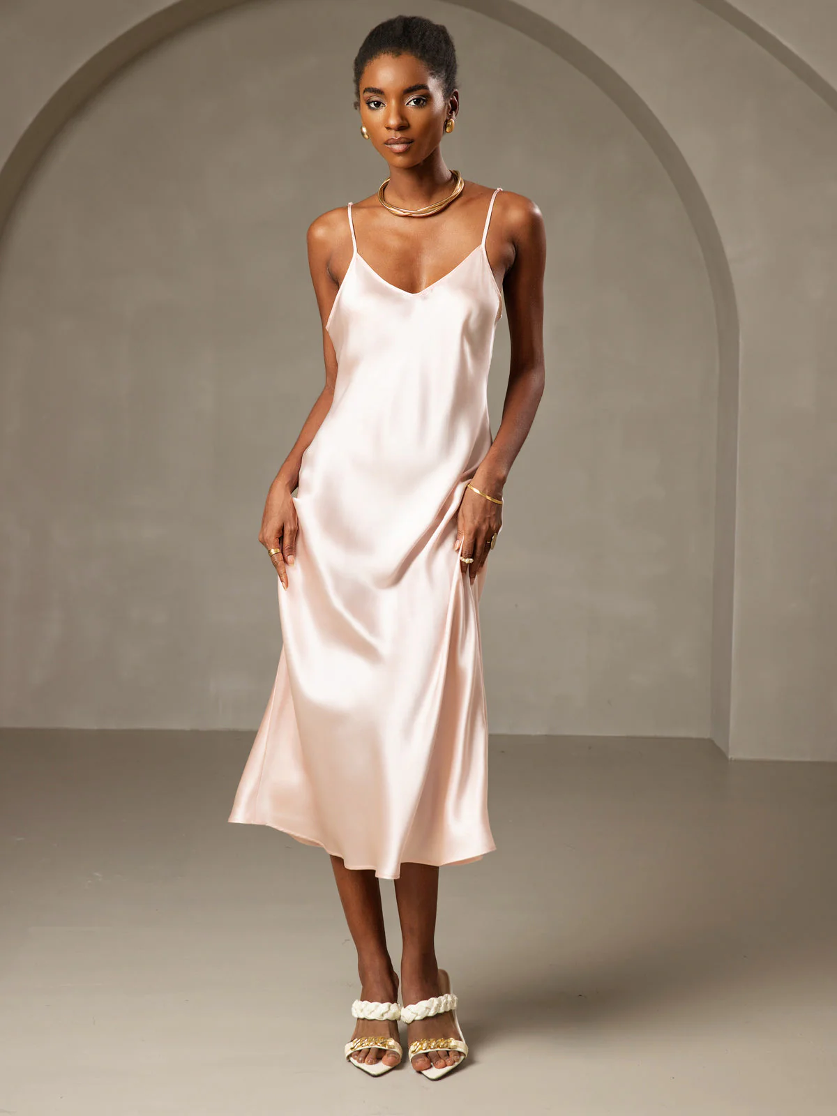100% Mulberry Silk Spaghetti Strap V Neck Midi Dress - Image 67