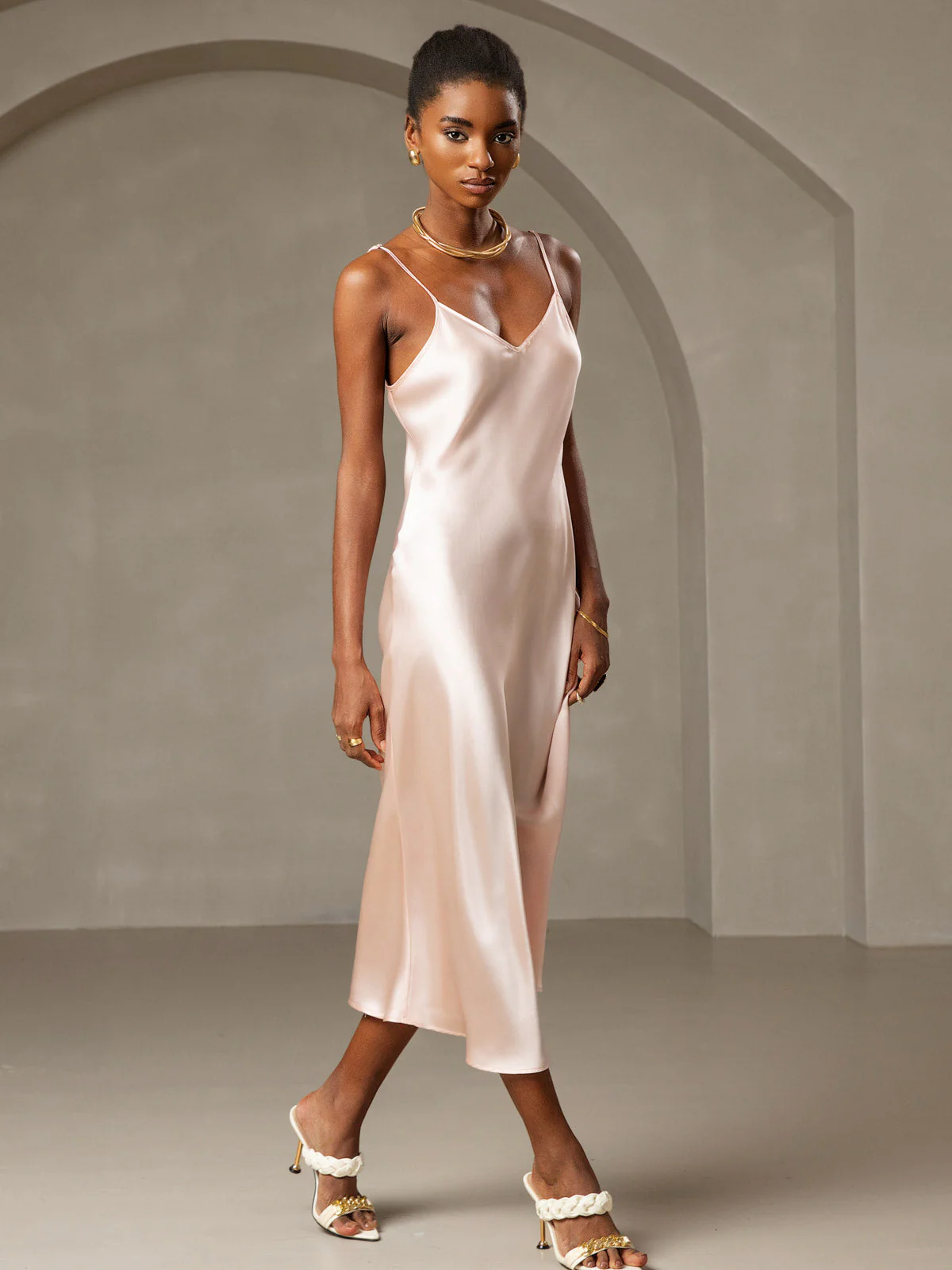 100% Mulberry Silk Spaghetti Strap V Neck Midi Dress - Image 69