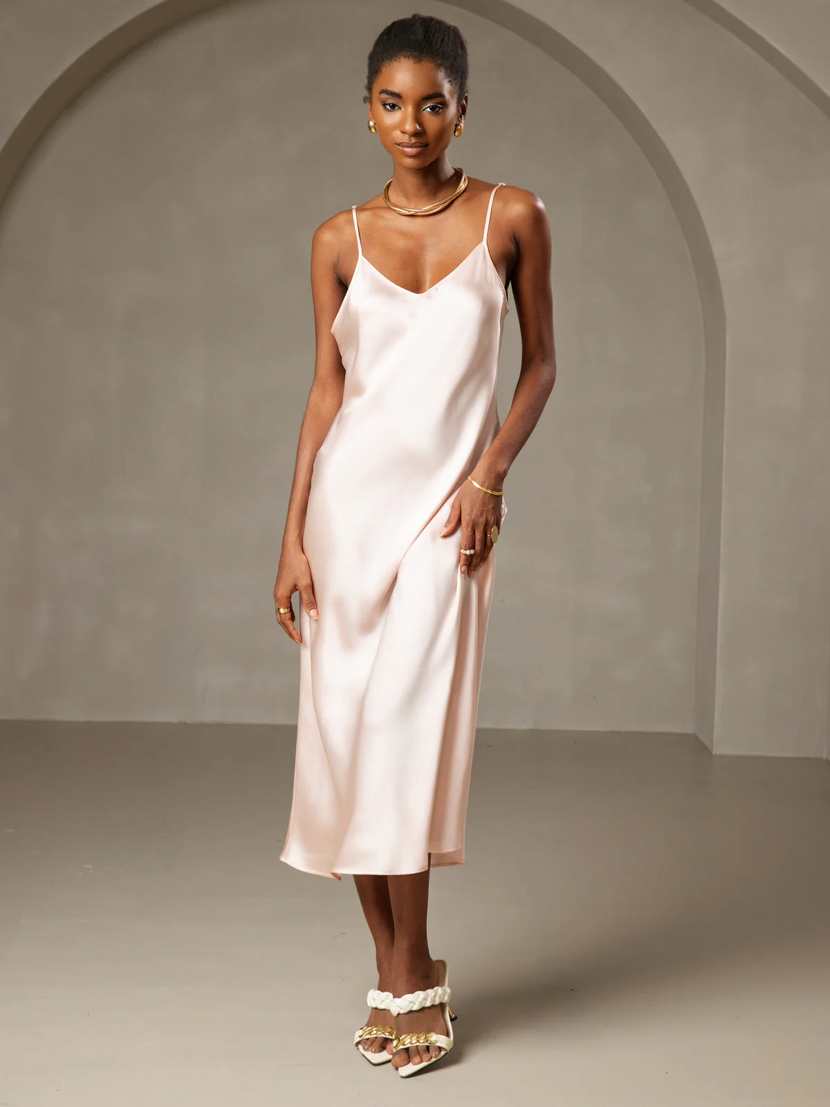 100% Mulberry Silk Spaghetti Strap V Neck Midi Dress - Image 70