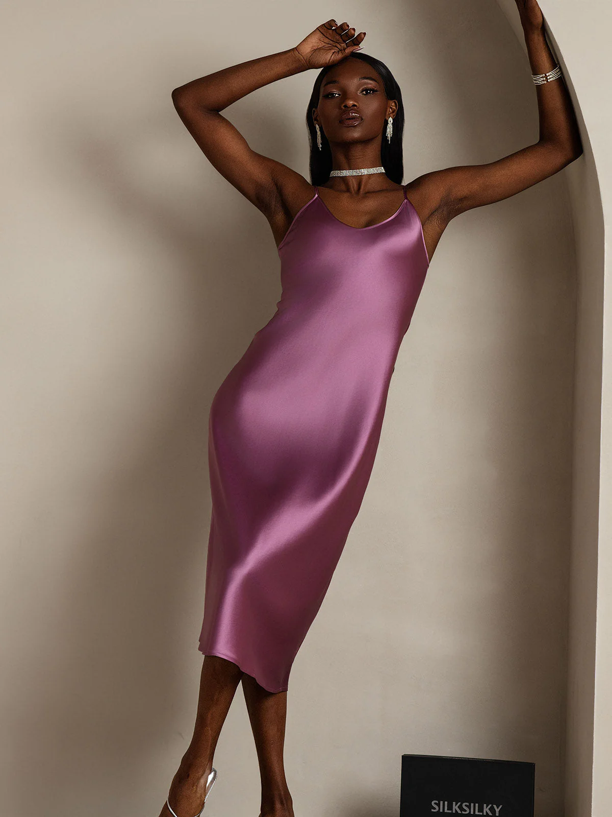 100% Mulberry Silk Spaghetti Strap V Neck Midi Dress - Image 72