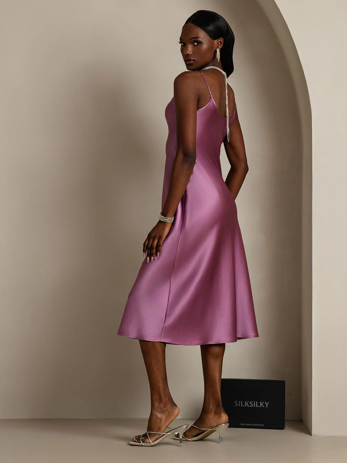 100% Mulberry Silk Spaghetti Strap V Neck Midi Dress - Image 73