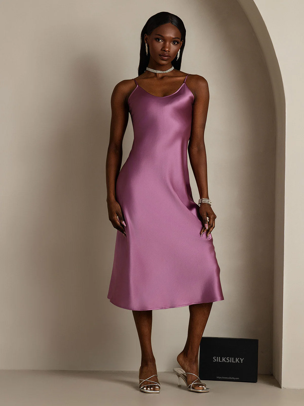 100% Mulberry Silk Spaghetti Strap V Neck Midi Dress - Image 75