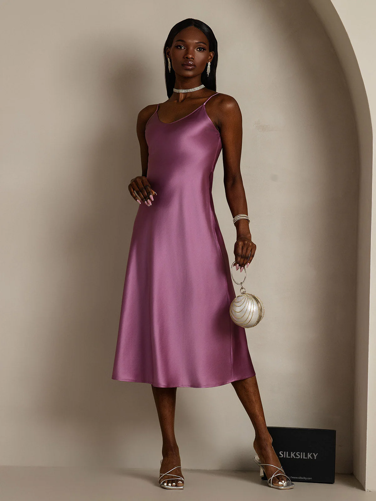 100% Mulberry Silk Spaghetti Strap V Neck Midi Dress - Image 78