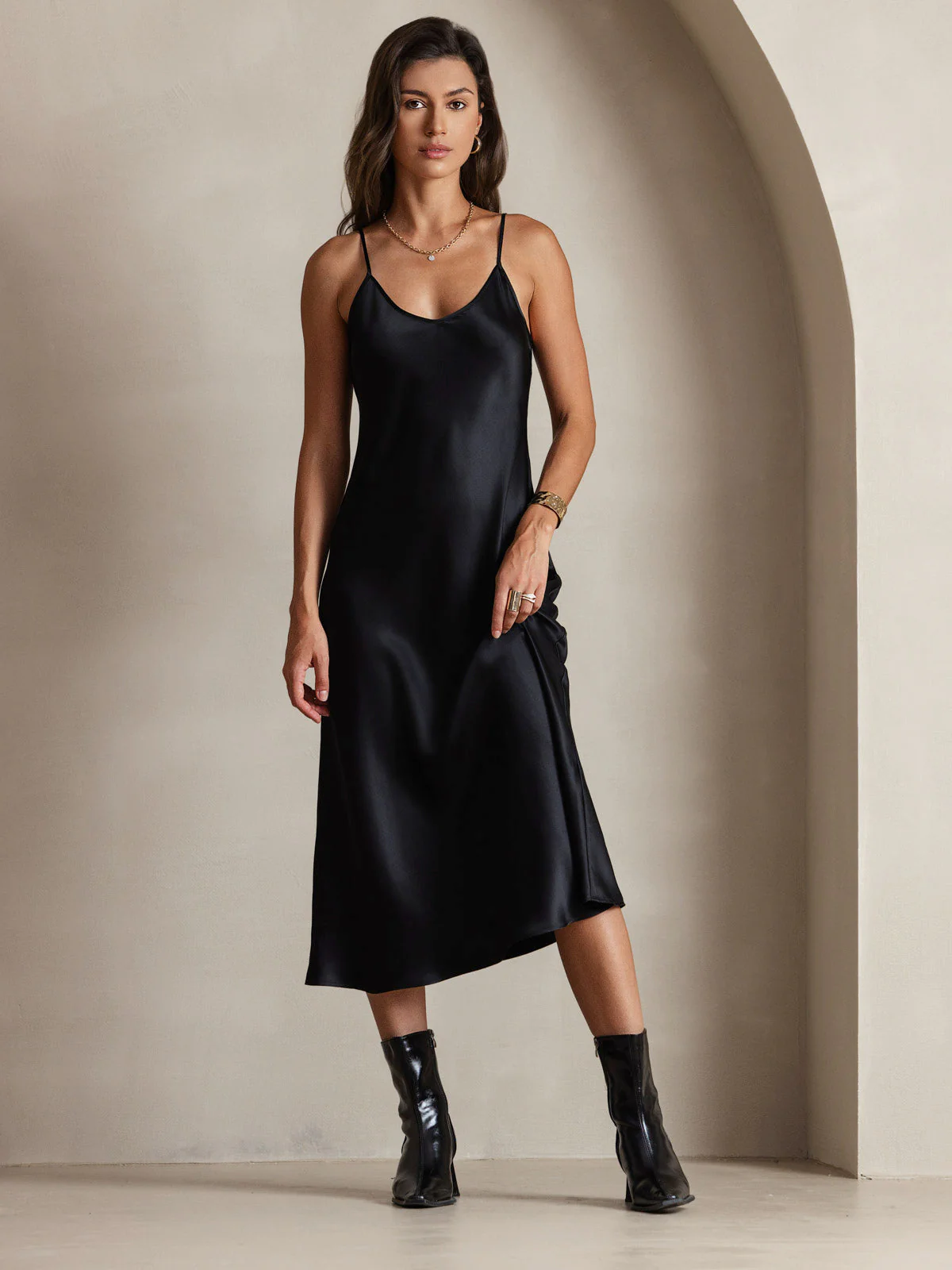 100% Mulberry Silk Spaghetti Strap V Neck Midi Dress - Image 8