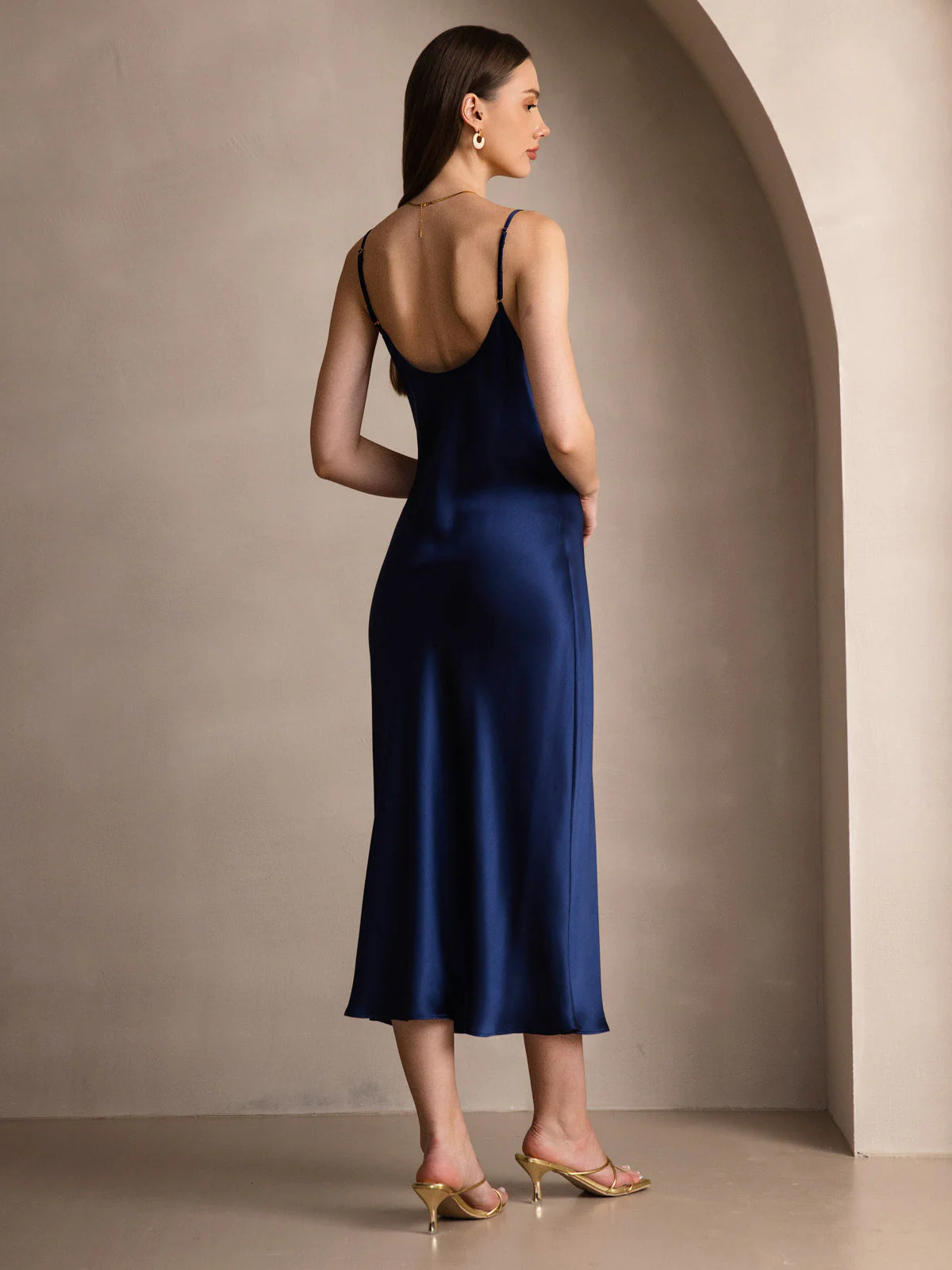 100% Mulberry Silk Spaghetti Strap V Neck Midi Dress - Image 81