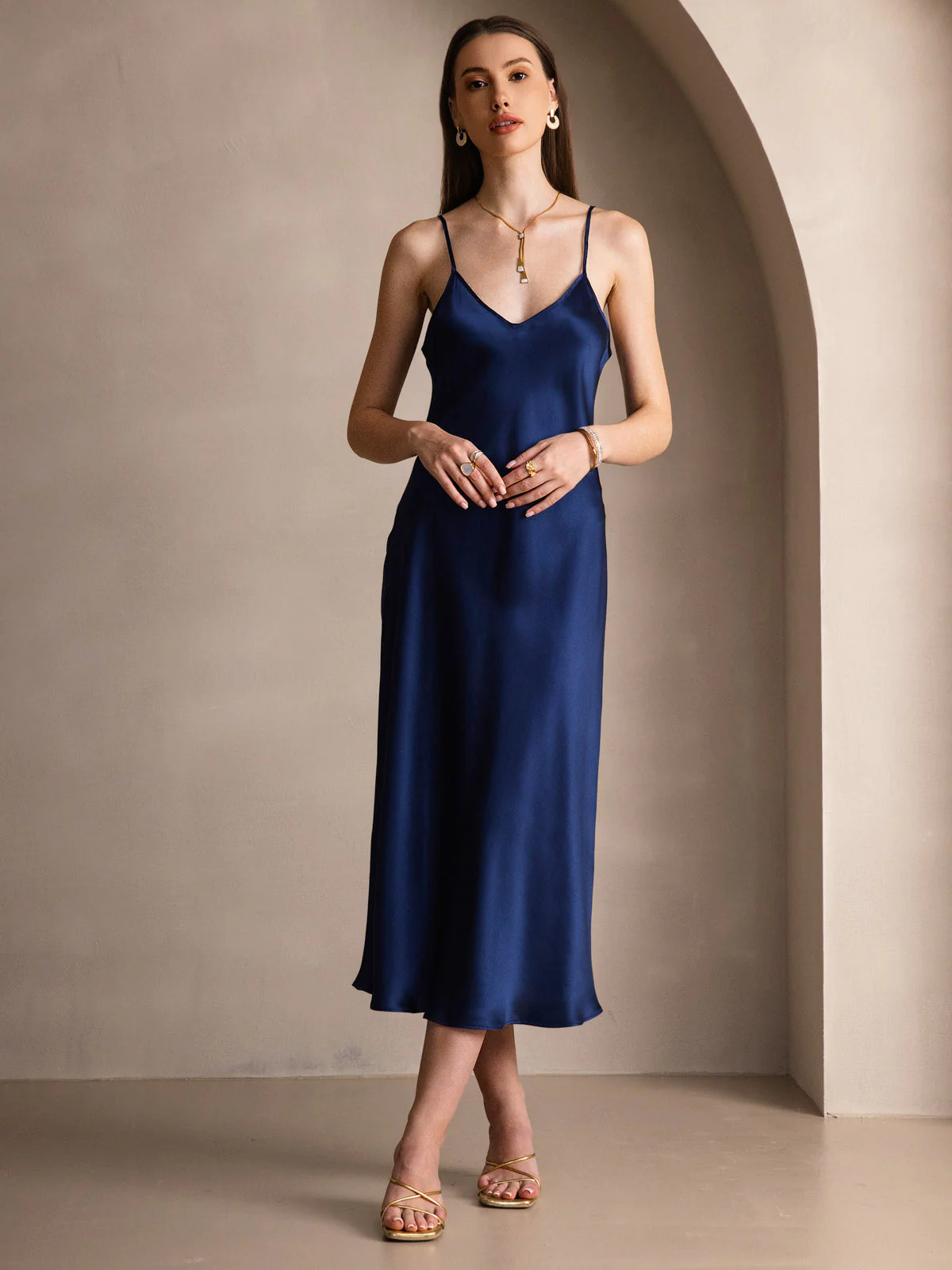 100% Mulberry Silk Spaghetti Strap V Neck Midi Dress - Image 82