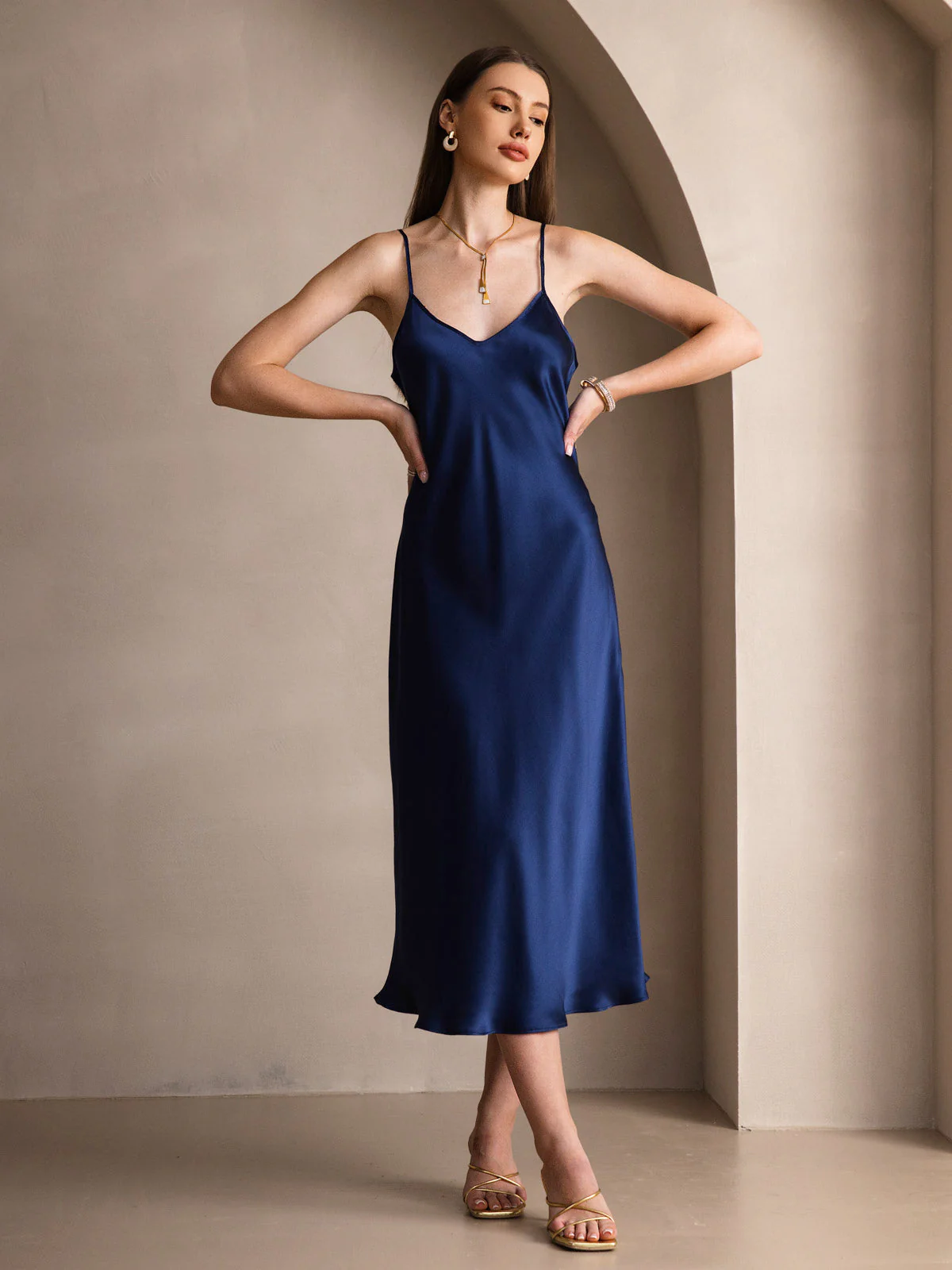 100% Mulberry Silk Spaghetti Strap V Neck Midi Dress - Image 83