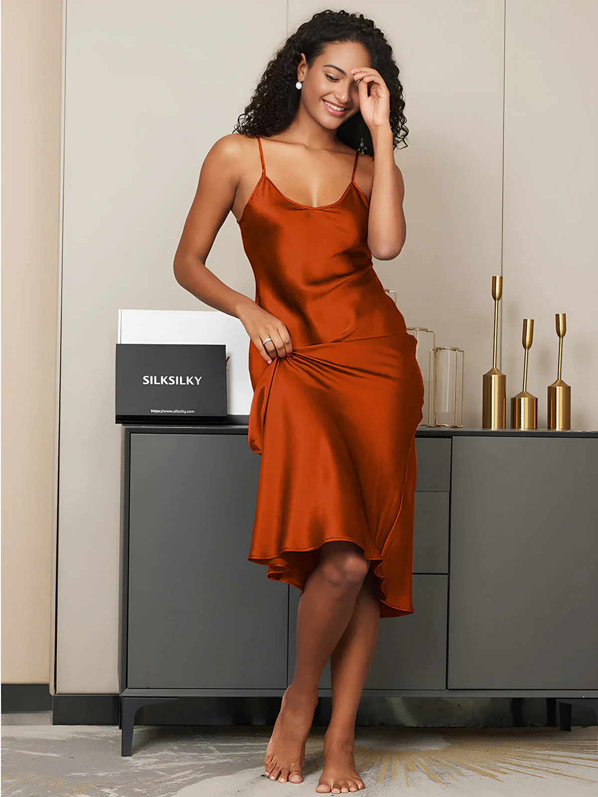 100% Mulberry Silk Spaghetti Strap V Neck Midi Dress - Image 86