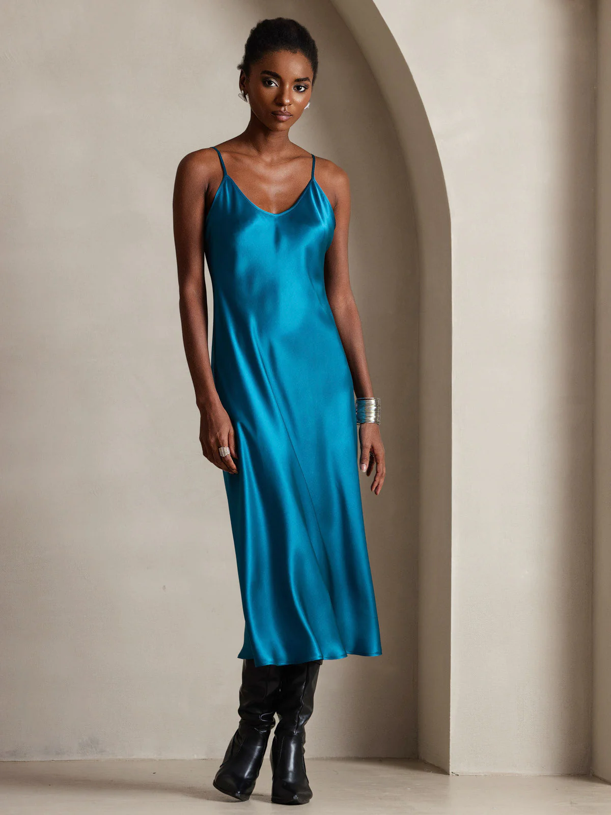 100% Mulberry Silk Spaghetti Strap V Neck Midi Dress - Image 90