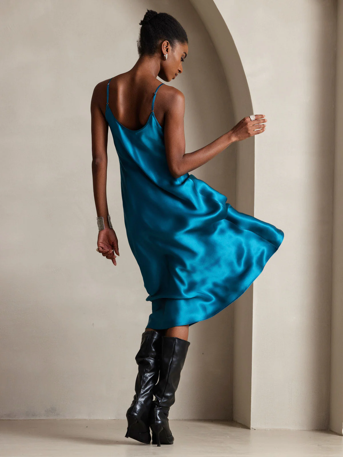 100% Mulberry Silk Spaghetti Strap V Neck Midi Dress - Image 91