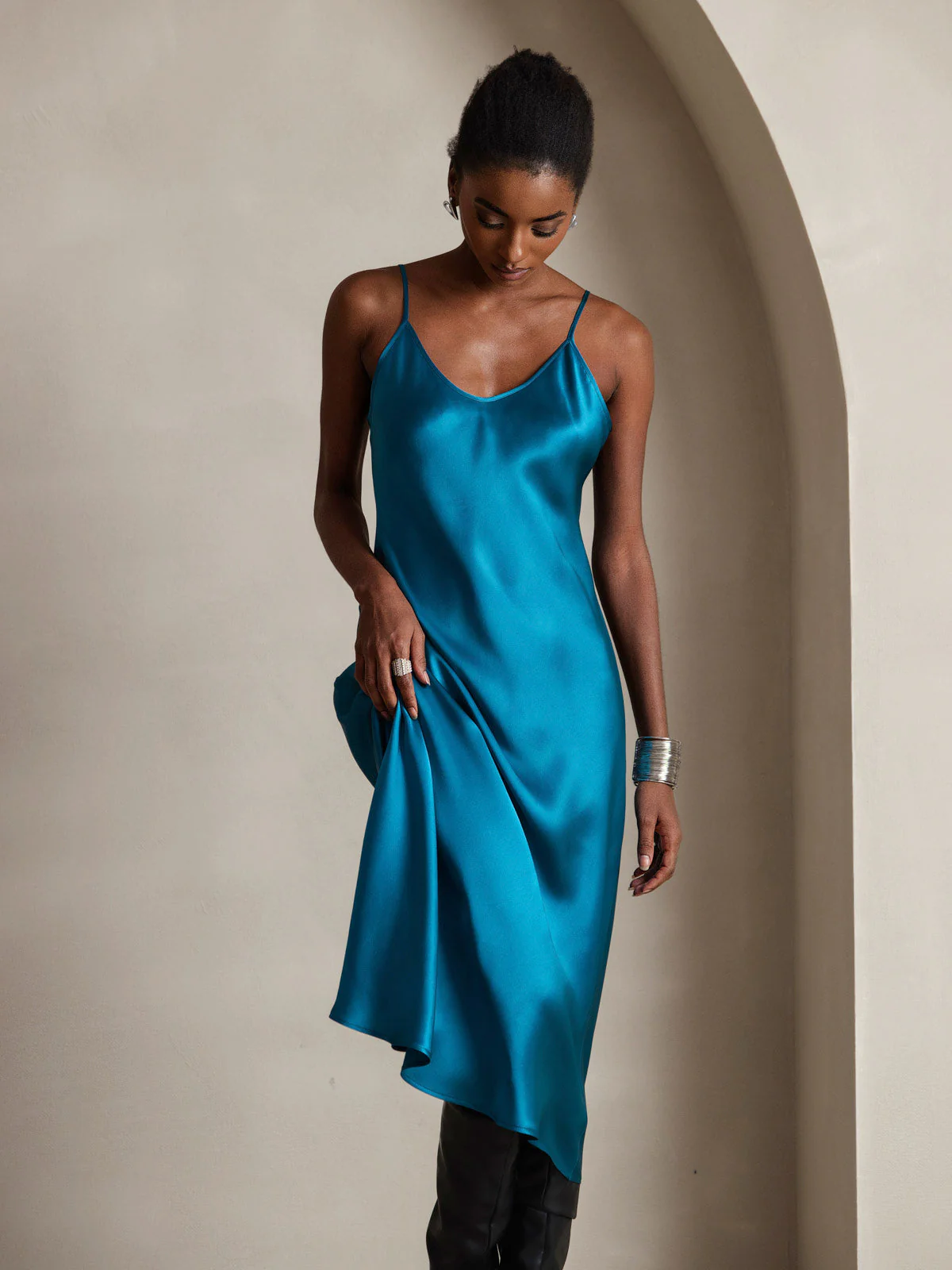 100% Mulberry Silk Spaghetti Strap V Neck Midi Dress - Image 92