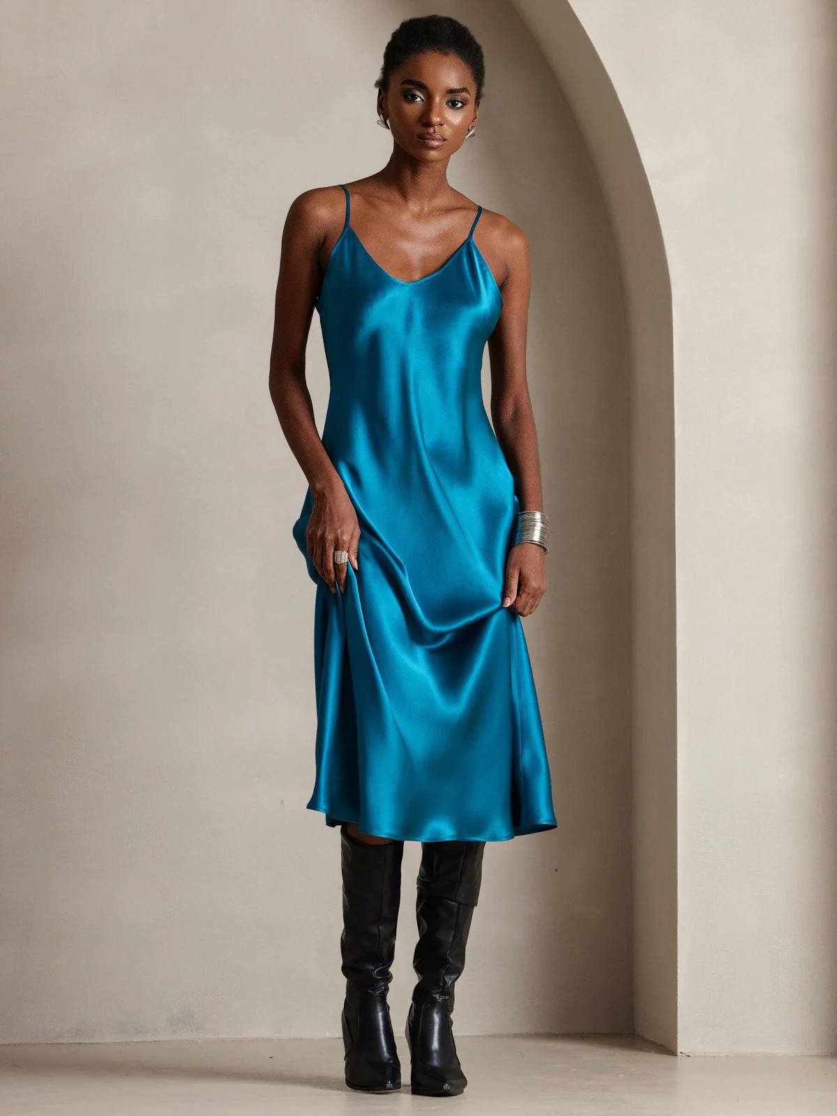 100% Mulberry Silk Spaghetti Strap V Neck Midi Dress - Image 93