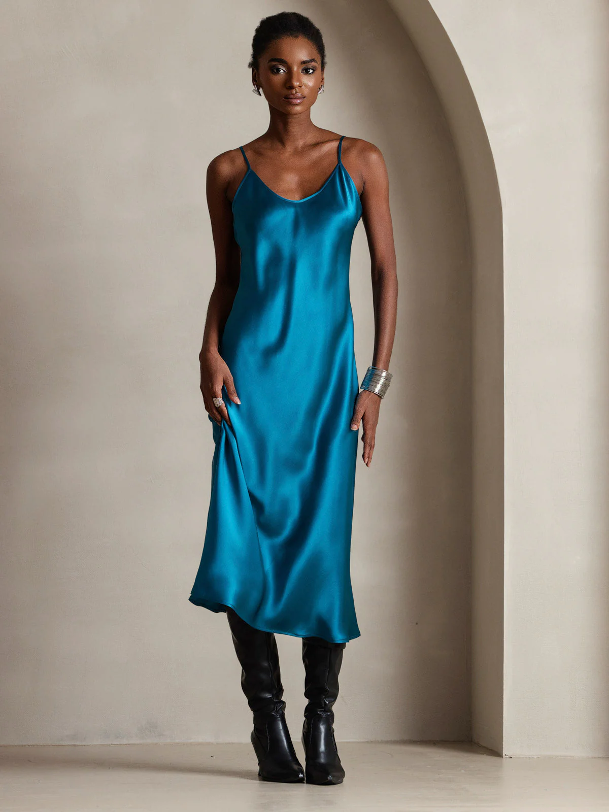 100% Mulberry Silk Spaghetti Strap V Neck Midi Dress - Image 94