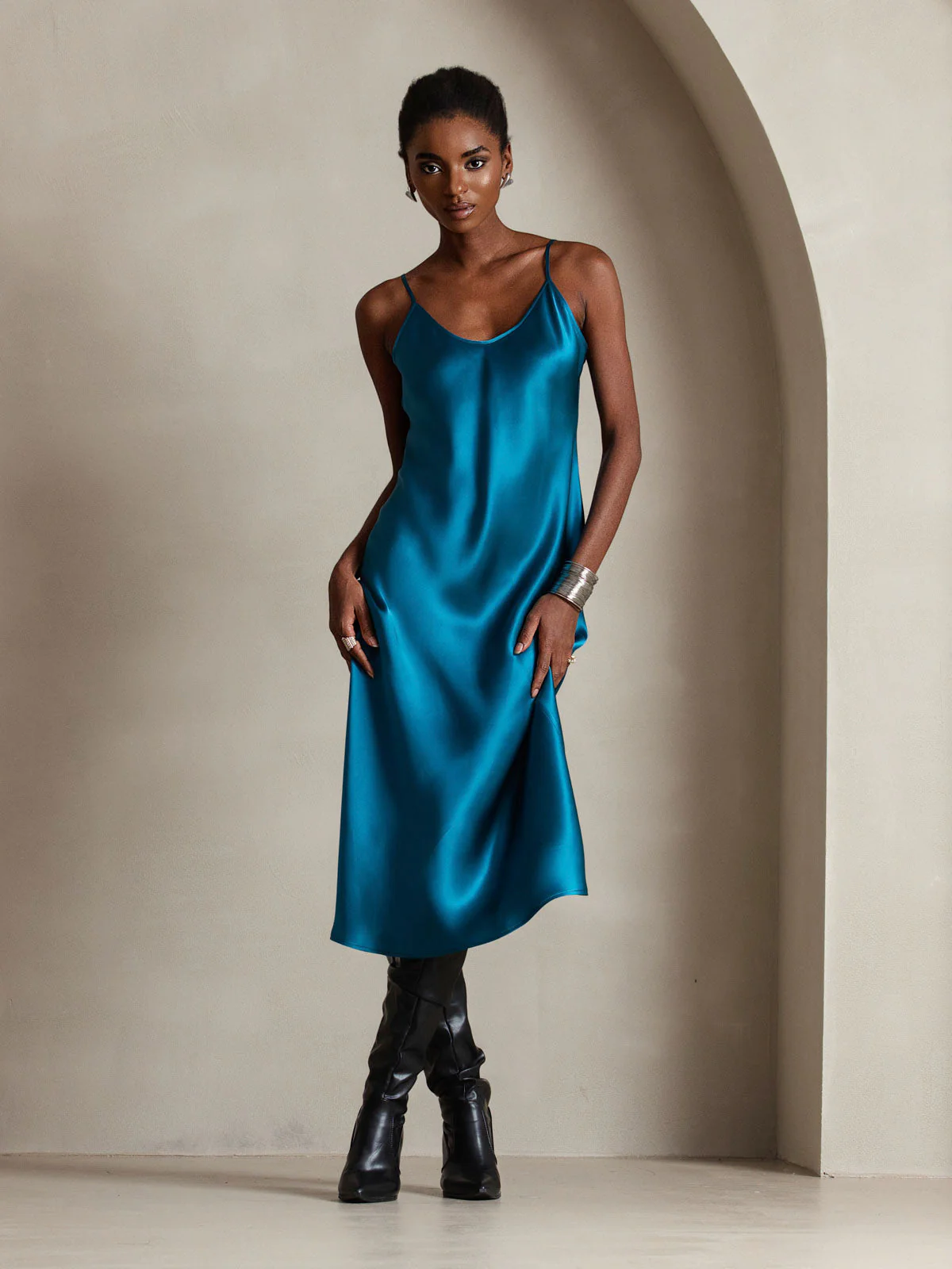 100% Mulberry Silk Spaghetti Strap V Neck Midi Dress - Image 95