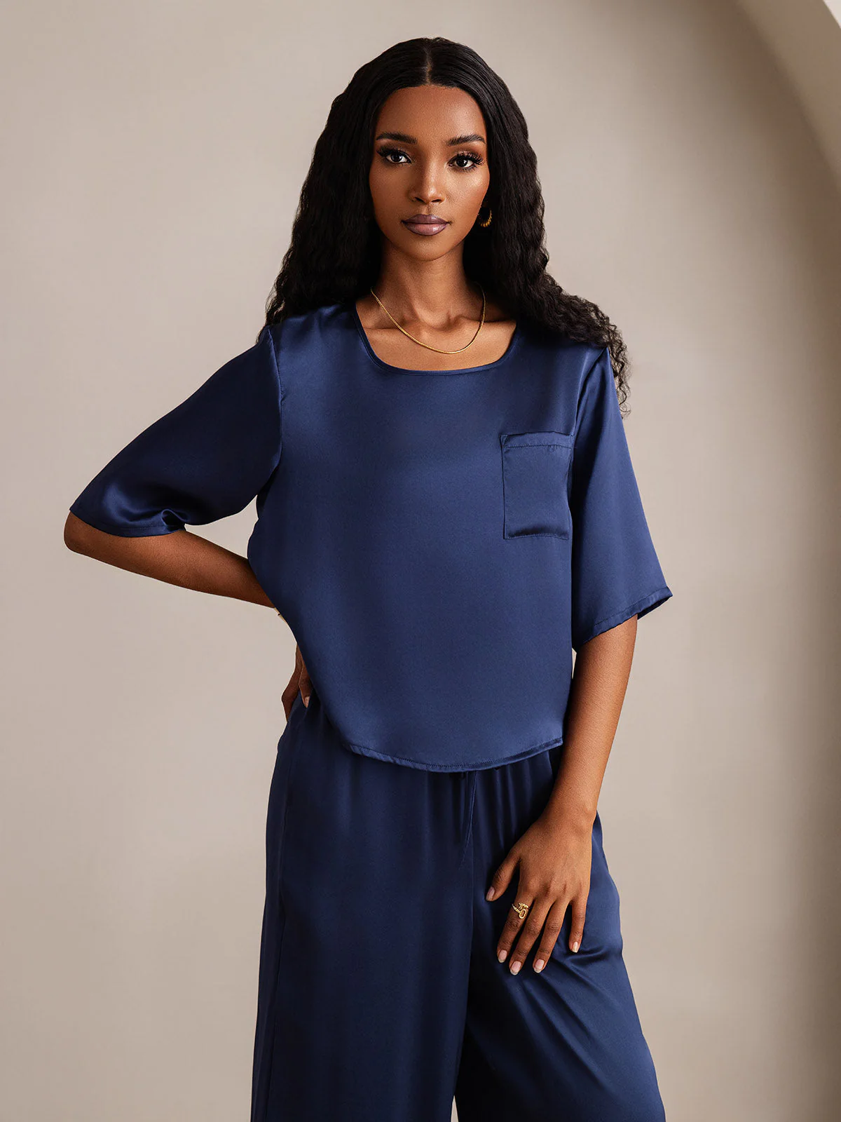 Women's 100% Mulberry Silk Half Sleeve Round Neck Pajamas Set - Image 38