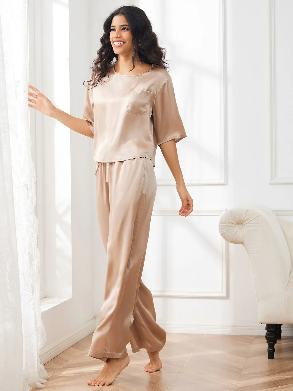 Women's 100% Mulberry Silk Half Sleeve Round Neck Pajamas Set - Image 4