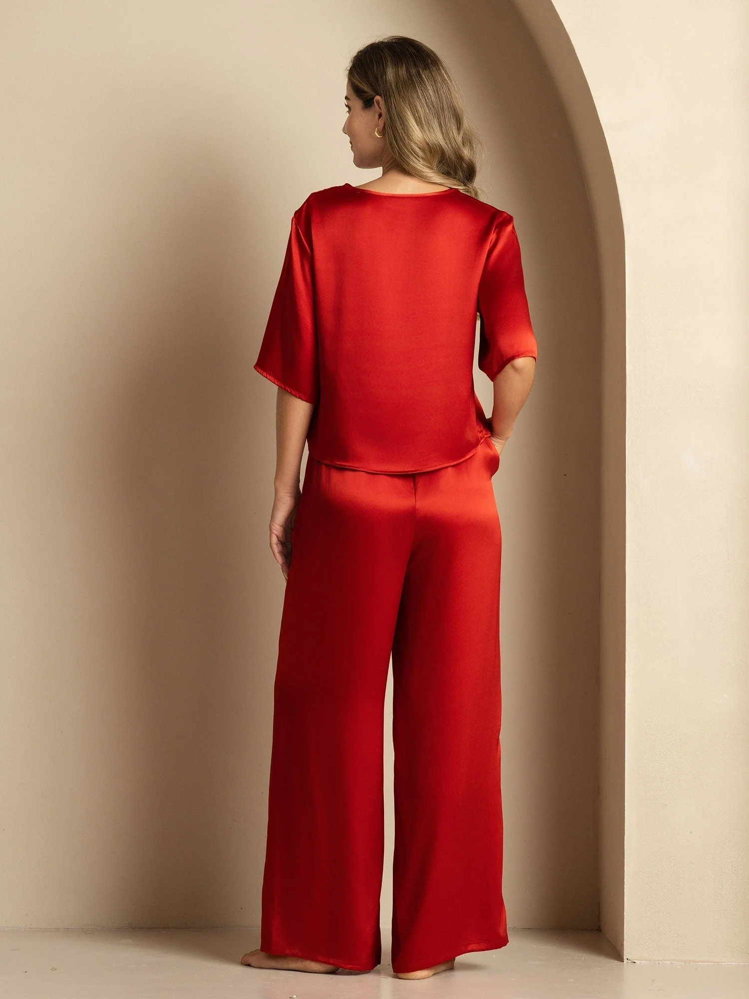 Women's 100% Mulberry Silk Half Sleeve Round Neck Pajamas Set - Image 53