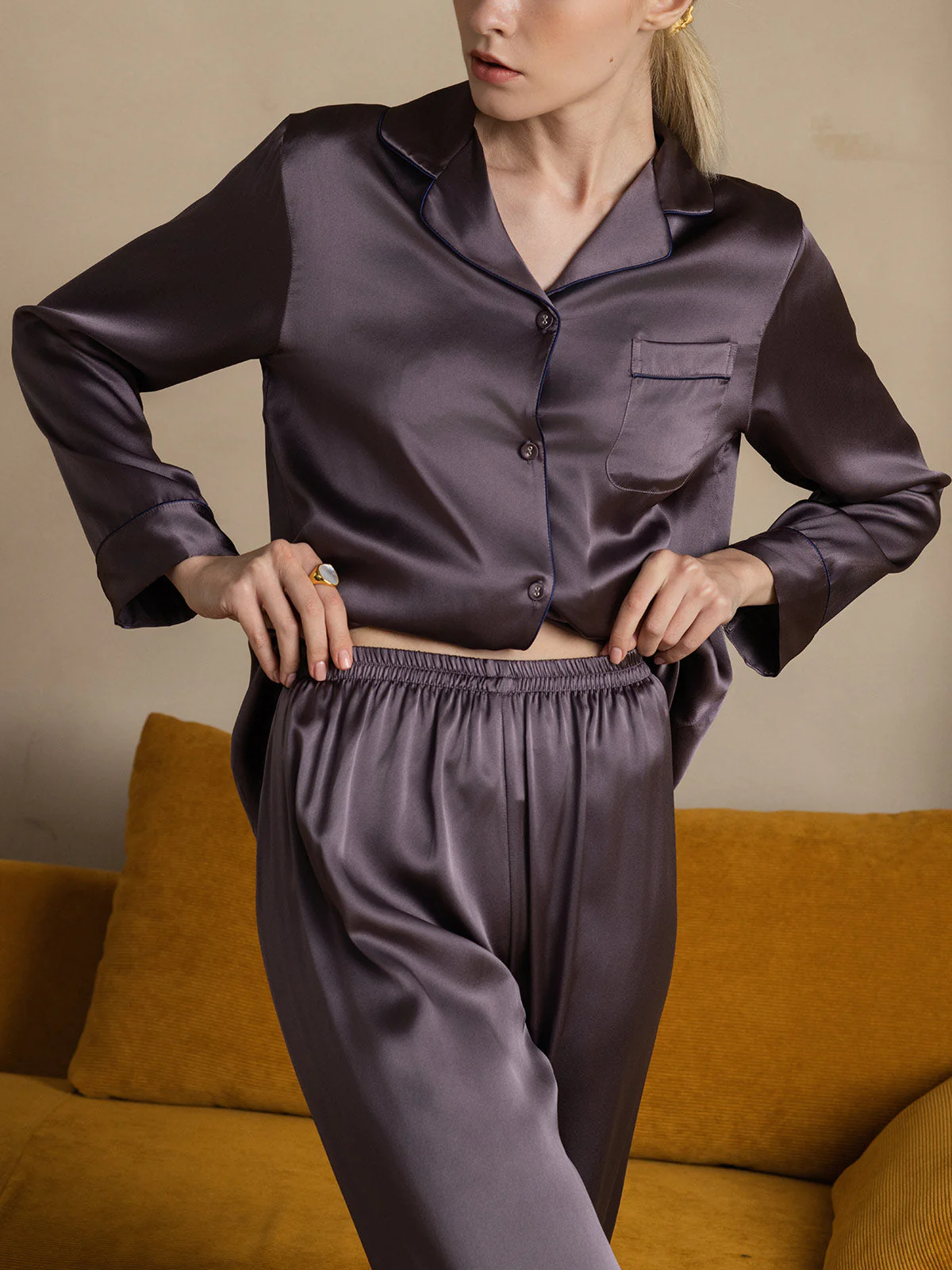 Women's 100% Mulberry Silk Long Sleeve Button Up Pajamas Set - Image 51