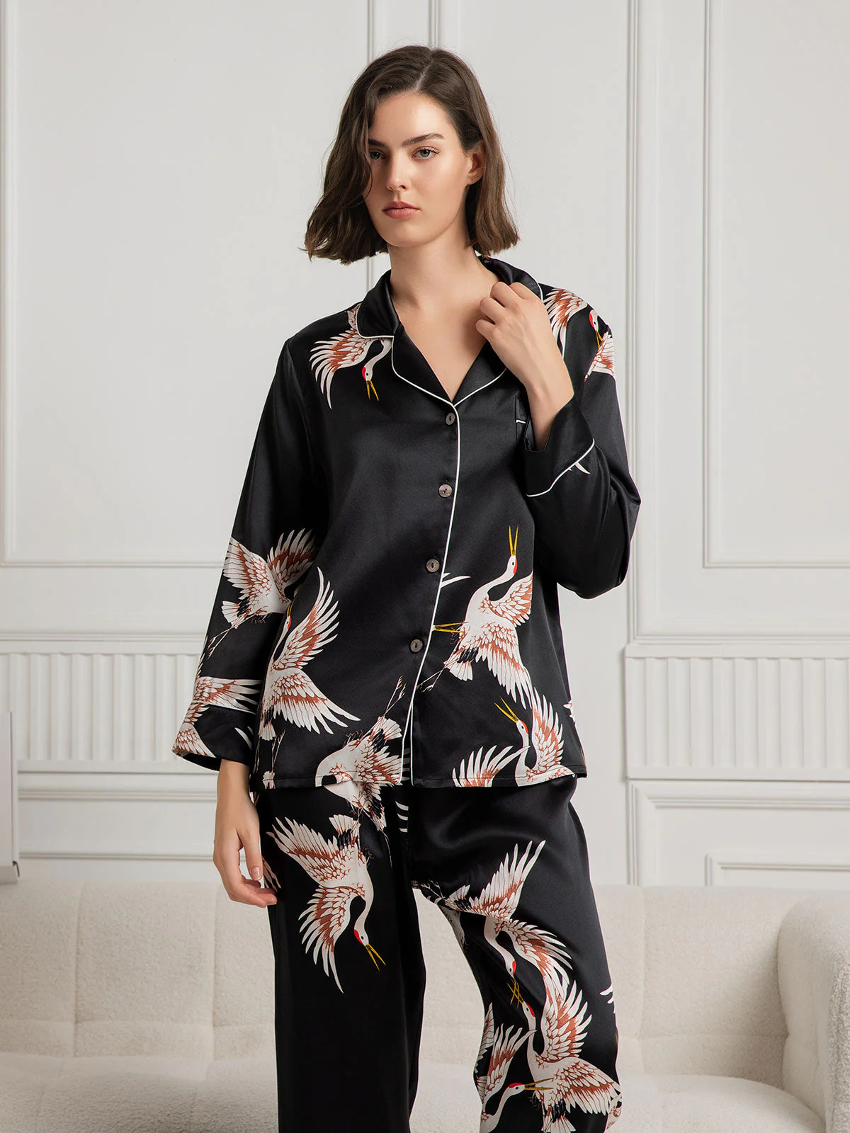 19Momme Women's 100% Mulberry Silk Crane Print Long Sleeve Notch Collar Pajamas Set - Image 28