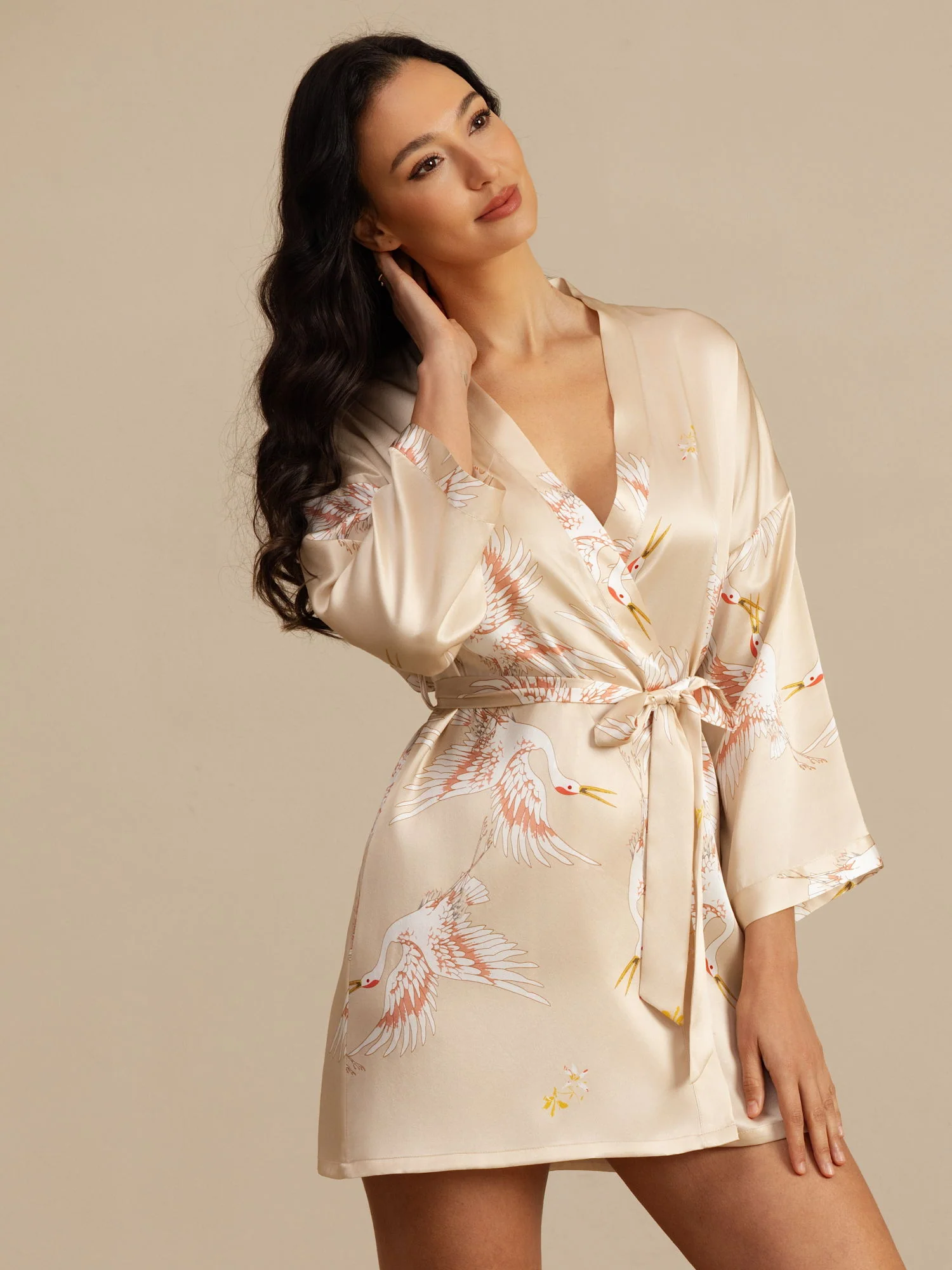 19Momme Women's 100% Mulberry Silk Crane Print 3/4 Sleeve Short Kimono Robe - Image 42