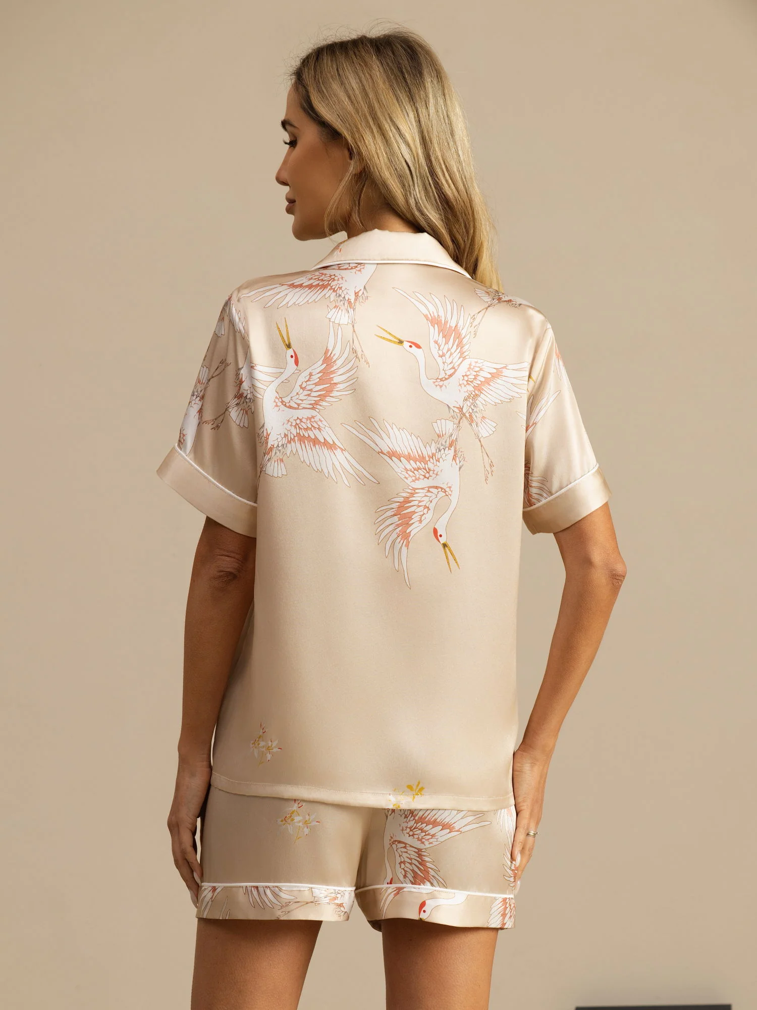 19Momme Women's 100% Mulberry Silk Crane Print Short Sleeve Pajamas Set - Image 30