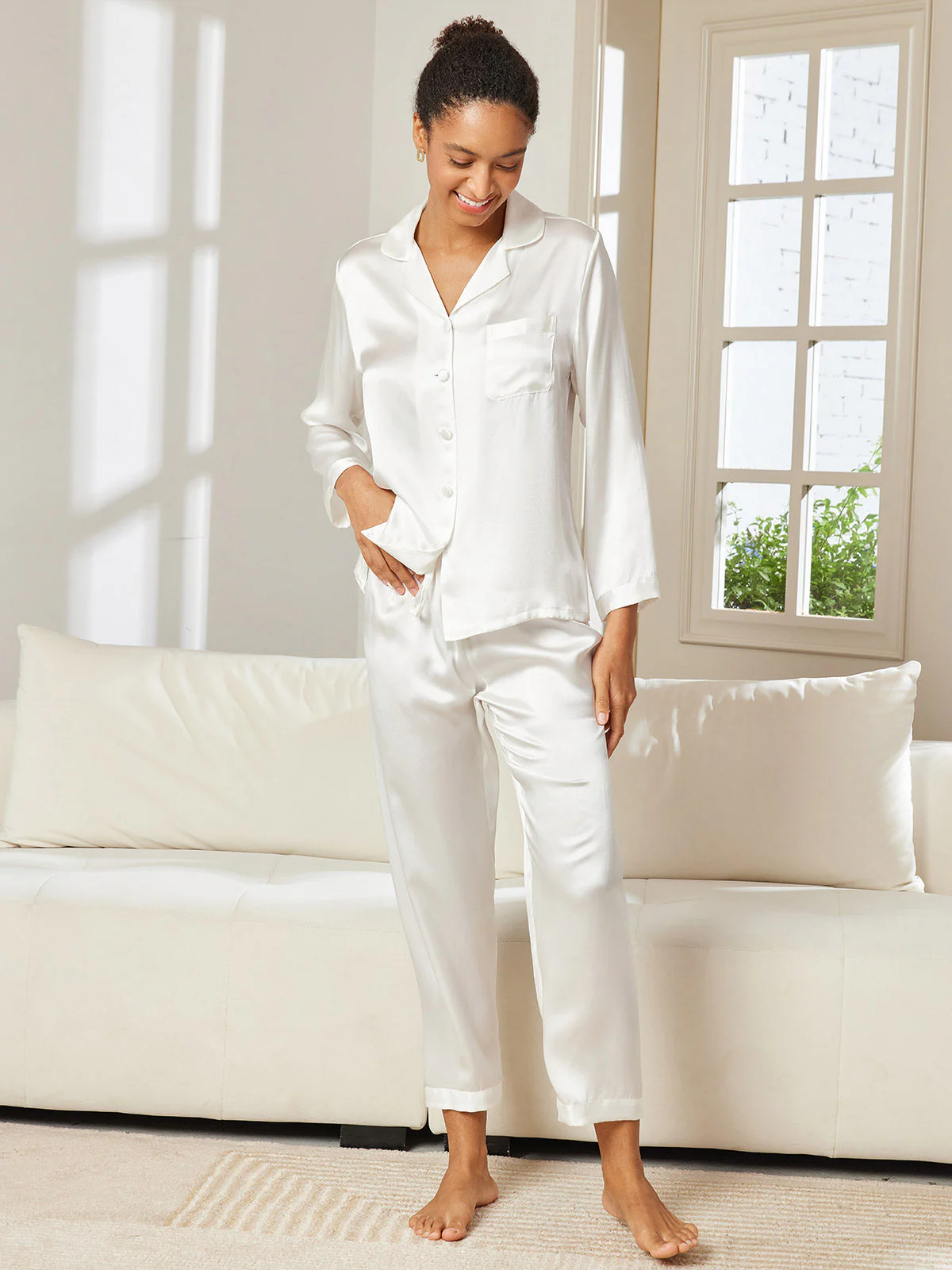 100% Mulberry Silk Long Sleeve Women's Pajamas Set - Image 46