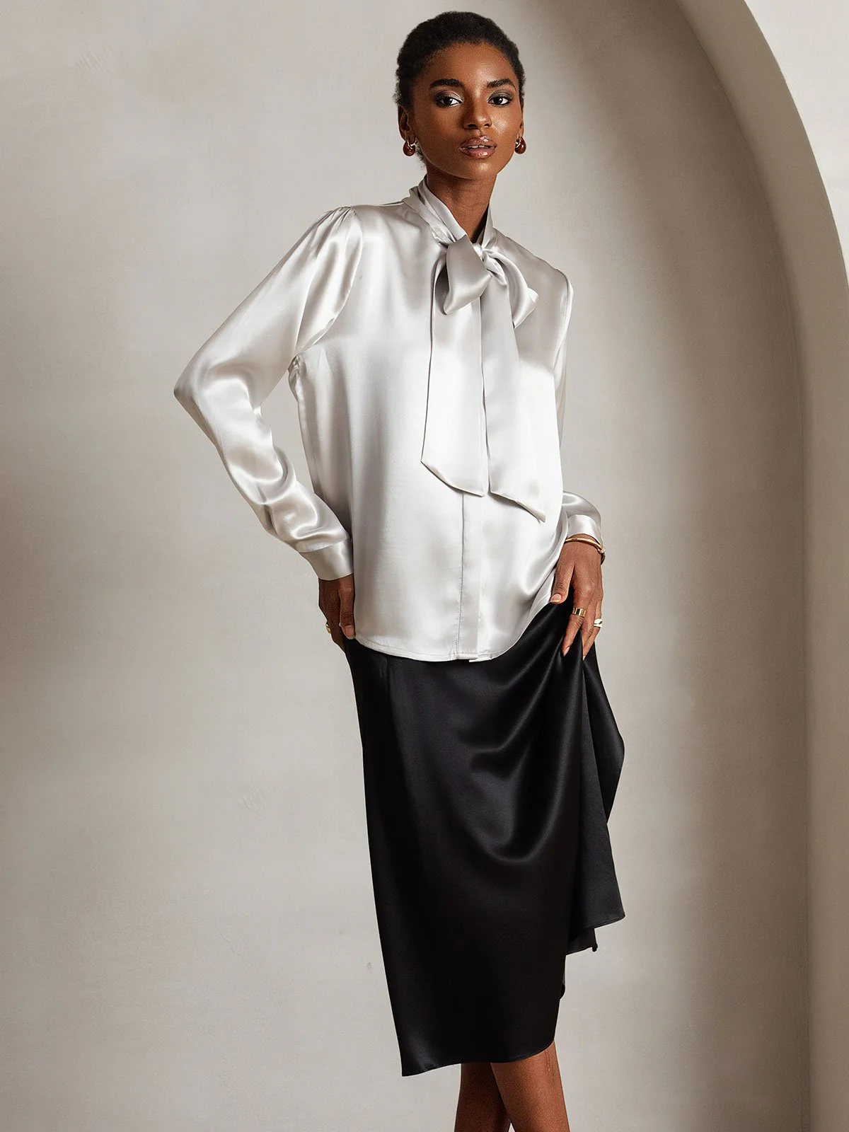 19Momme Silk Long Sleeve Tie Neck Elegant Blouse - Image 11
