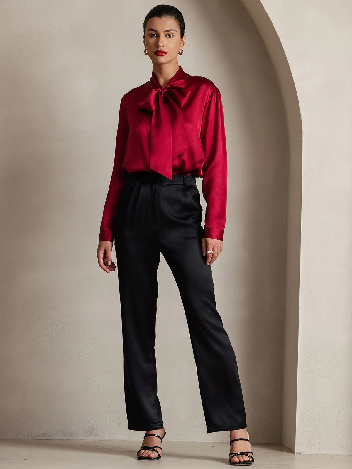 19Momme Silk Long Sleeve Tie Neck Elegant Blouse - Image 18