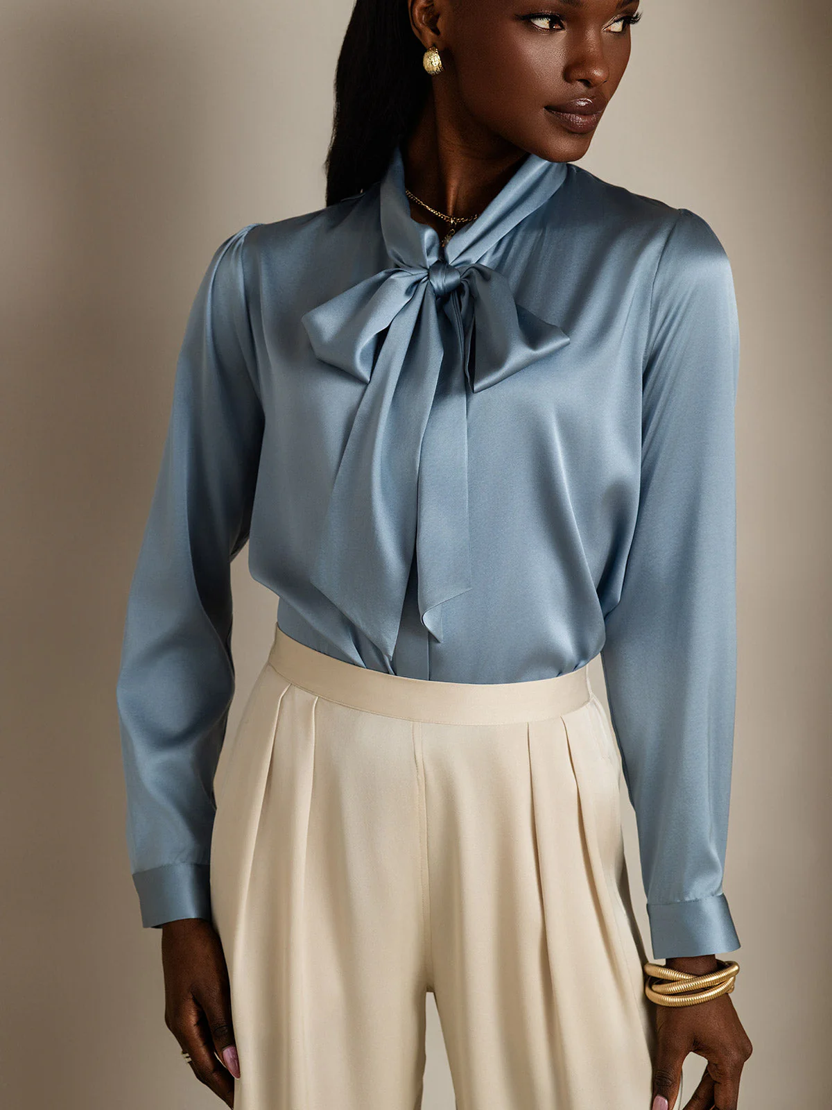 19Momme Silk Long Sleeve Tie Neck Elegant Blouse - Image 3
