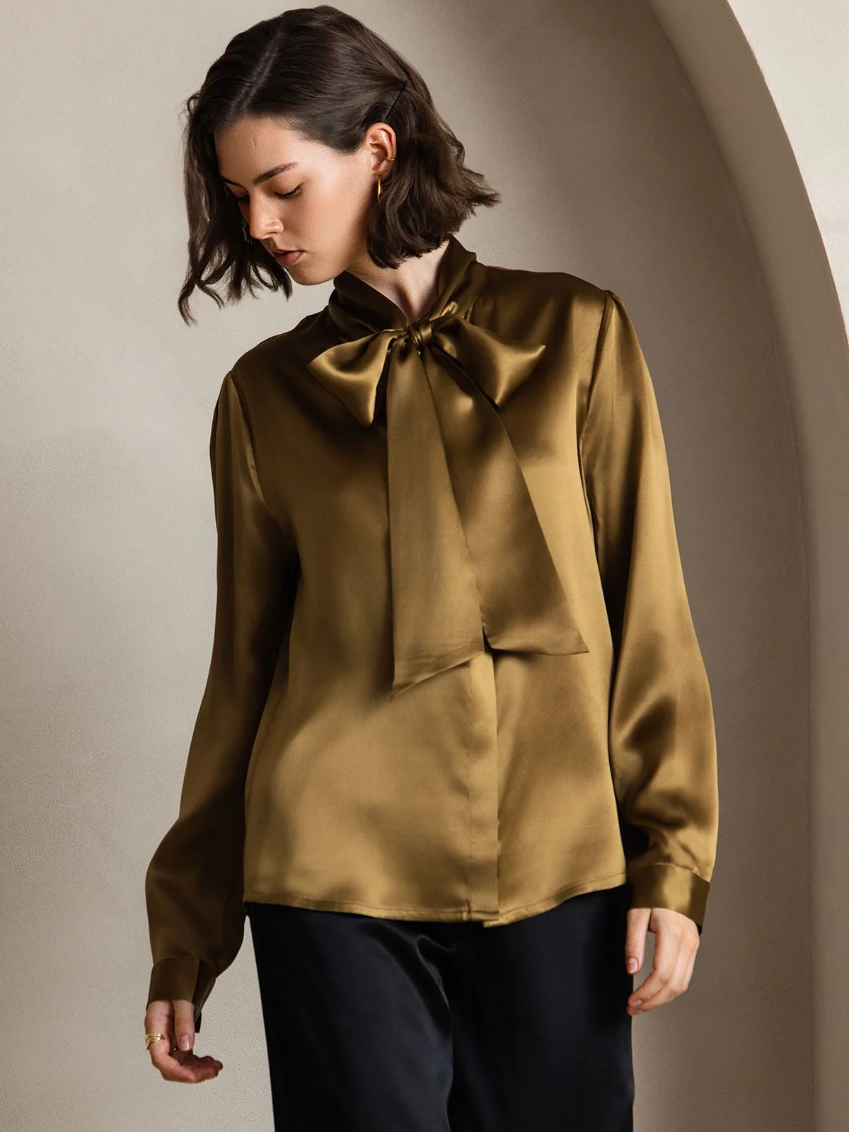 19Momme Silk Long Sleeve Tie Neck Elegant Blouse - Image 30