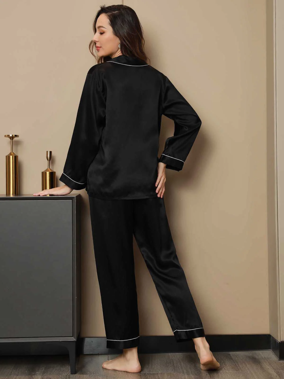 100% Mulberry Silk Lapel Collar Button Up Women's Pajamas Set - Image 11