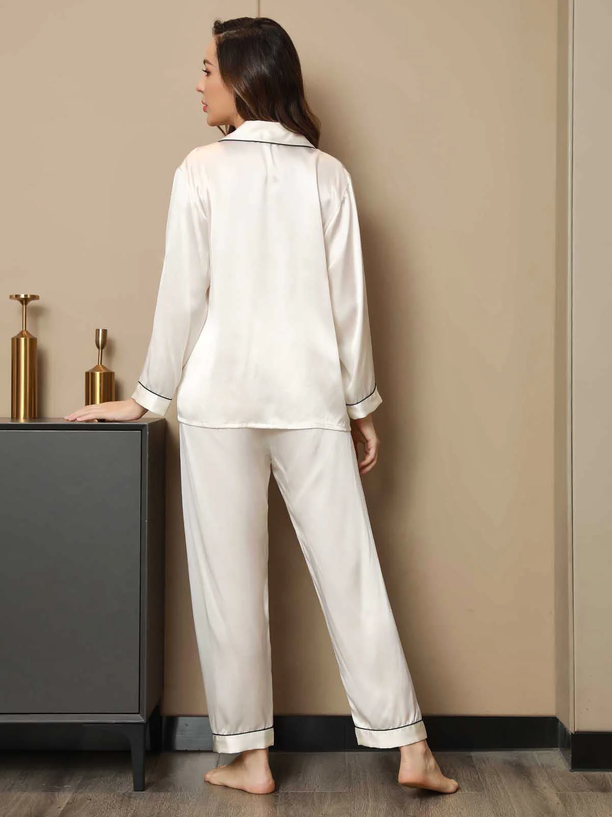 100% Mulberry Silk Lapel Collar Button Up Women's Pajamas Set - Image 26