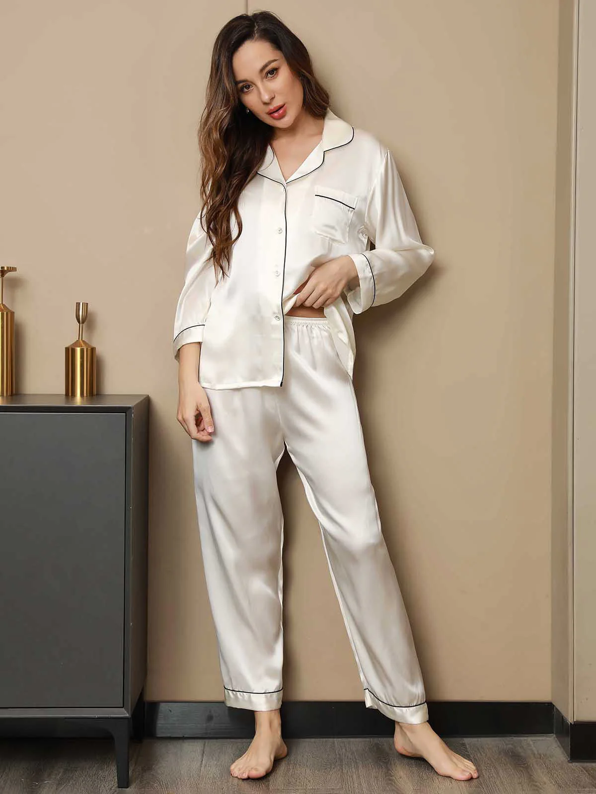 100% Mulberry Silk Lapel Collar Button Up Women's Pajamas Set - Image 27