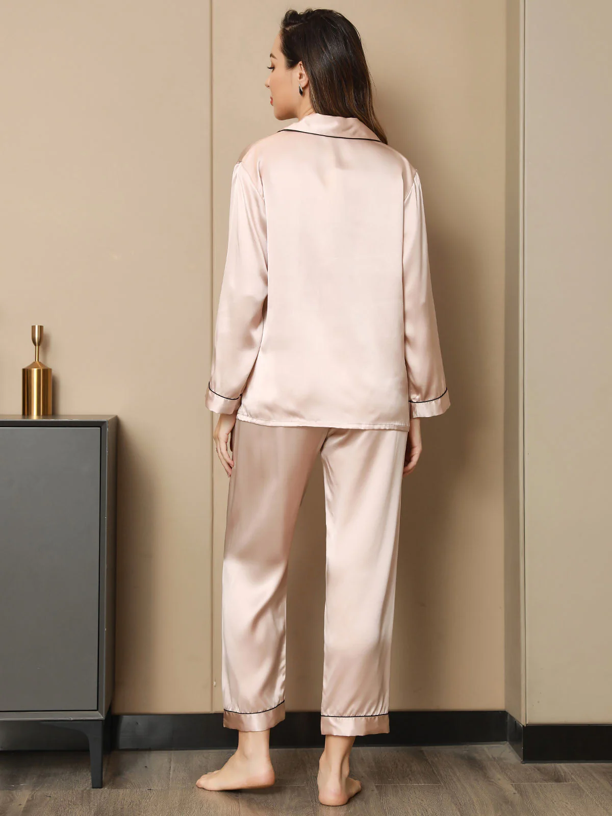 100% Mulberry Silk Lapel Collar Button Up Women's Pajamas Set - Image 47
