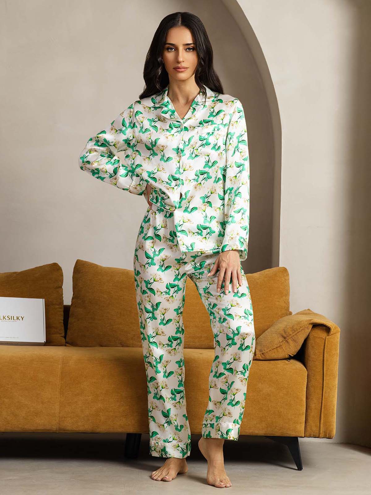 Clearance - Women's Pure Silk Green Floral Print Long Sleeve Notch Collar Pajamas Set - Image 4